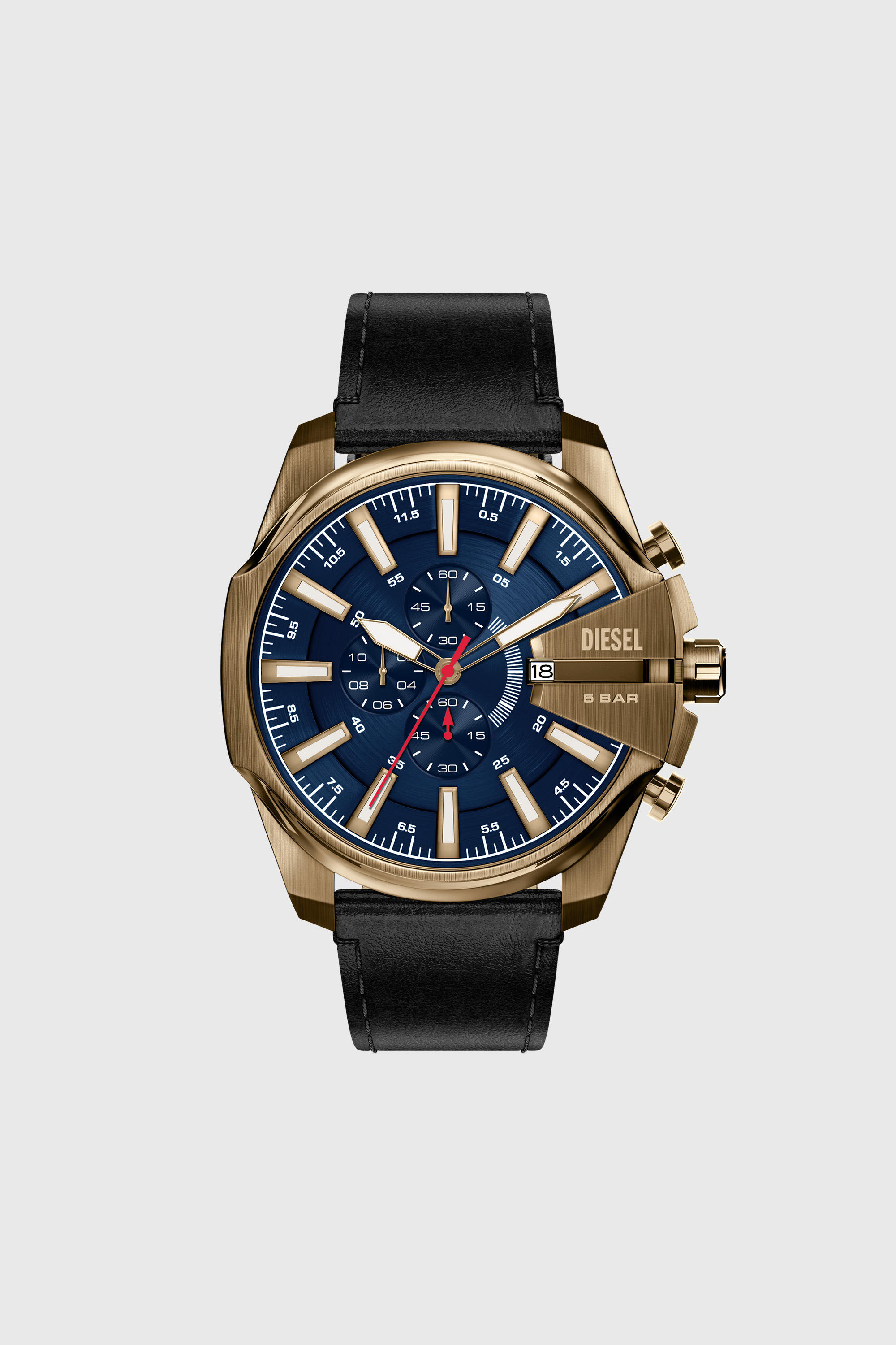 Diesel - DZ4732 WATCH, Montre Mega Chief Slim avec bracelet en cuir noir finition or vieilli Homme in Noir - 1