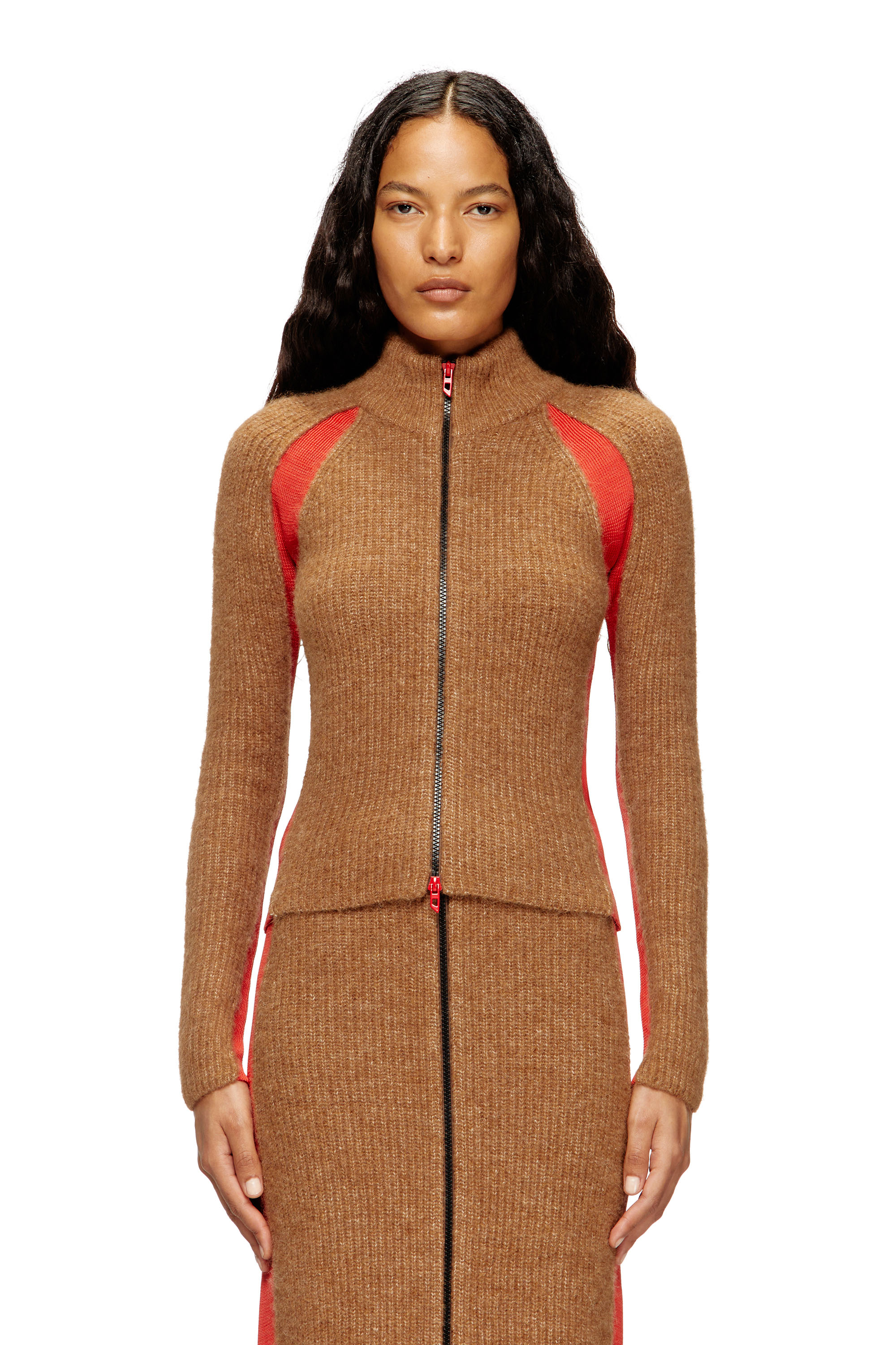 Diesel - M-LOUISE, Cardigan en mélange d'alpaga avec inserts contrastants Femme in Marron - 3