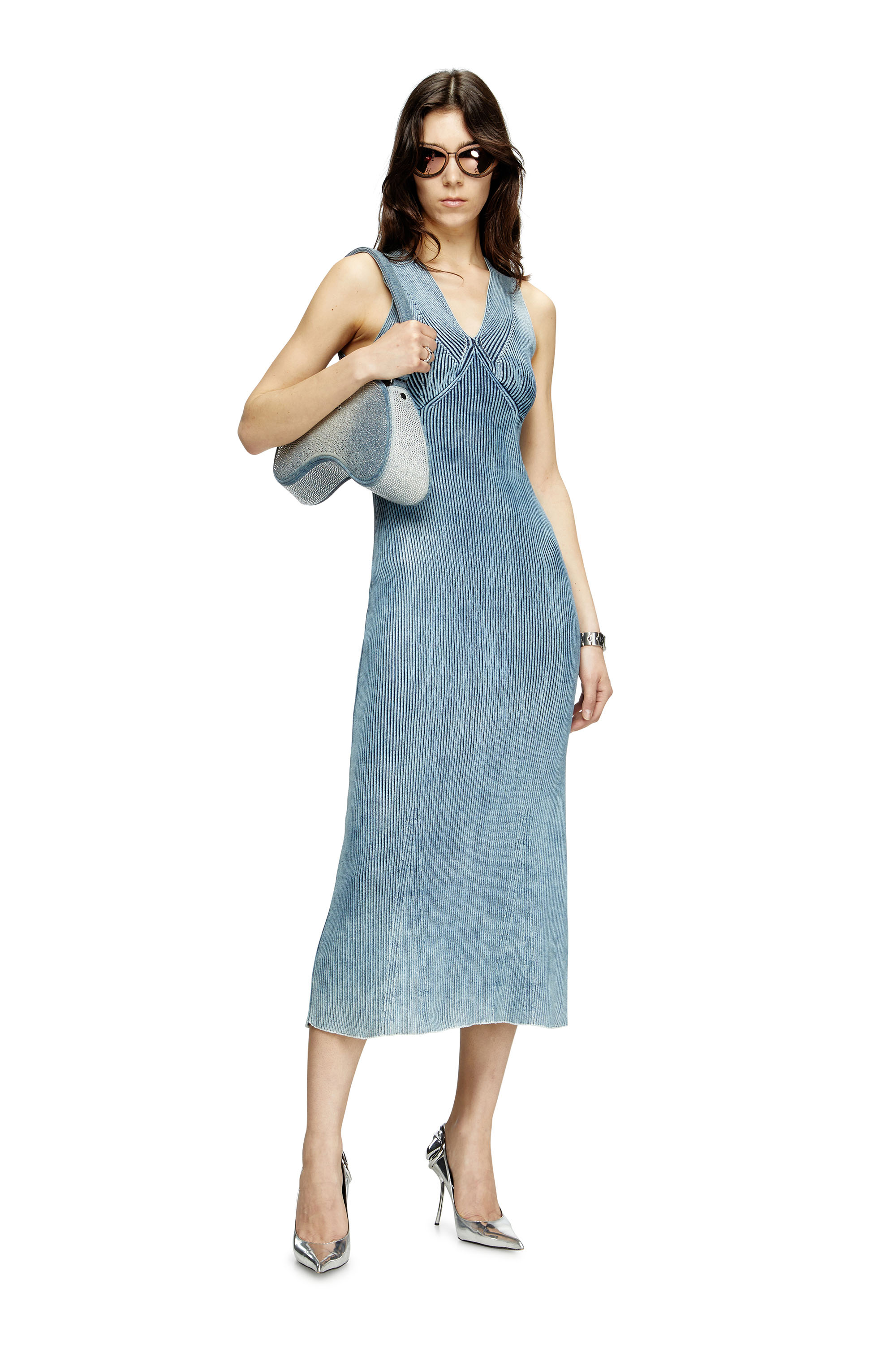 Diesel - M-MILONG, Denim-yarn midi dress with shiny effect Femme in Bleu - 1