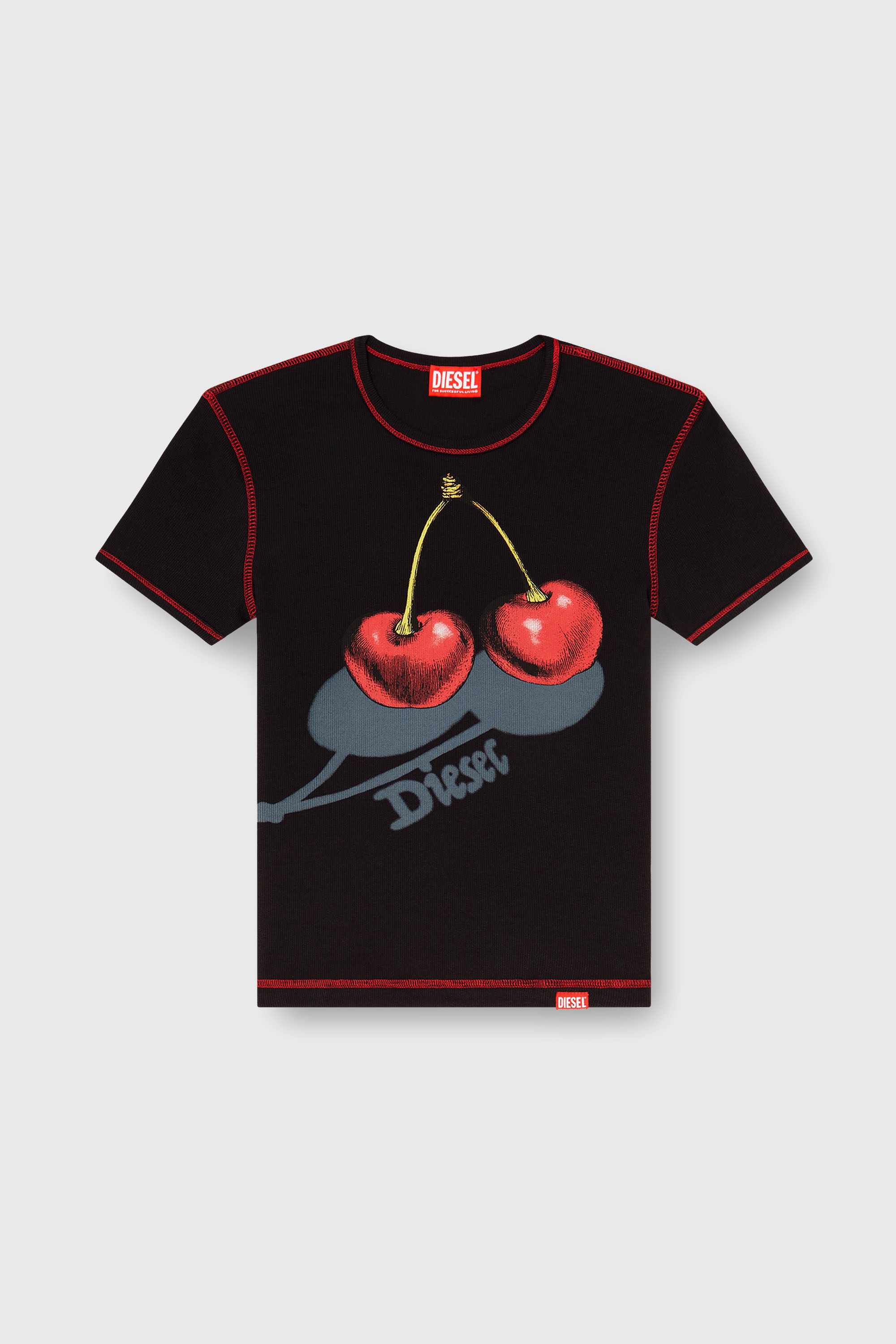 Diesel - SV-T-ELE-CHER, T-shirt en coton slim avec imprim&eacute; cerise Femme in Noir - 2