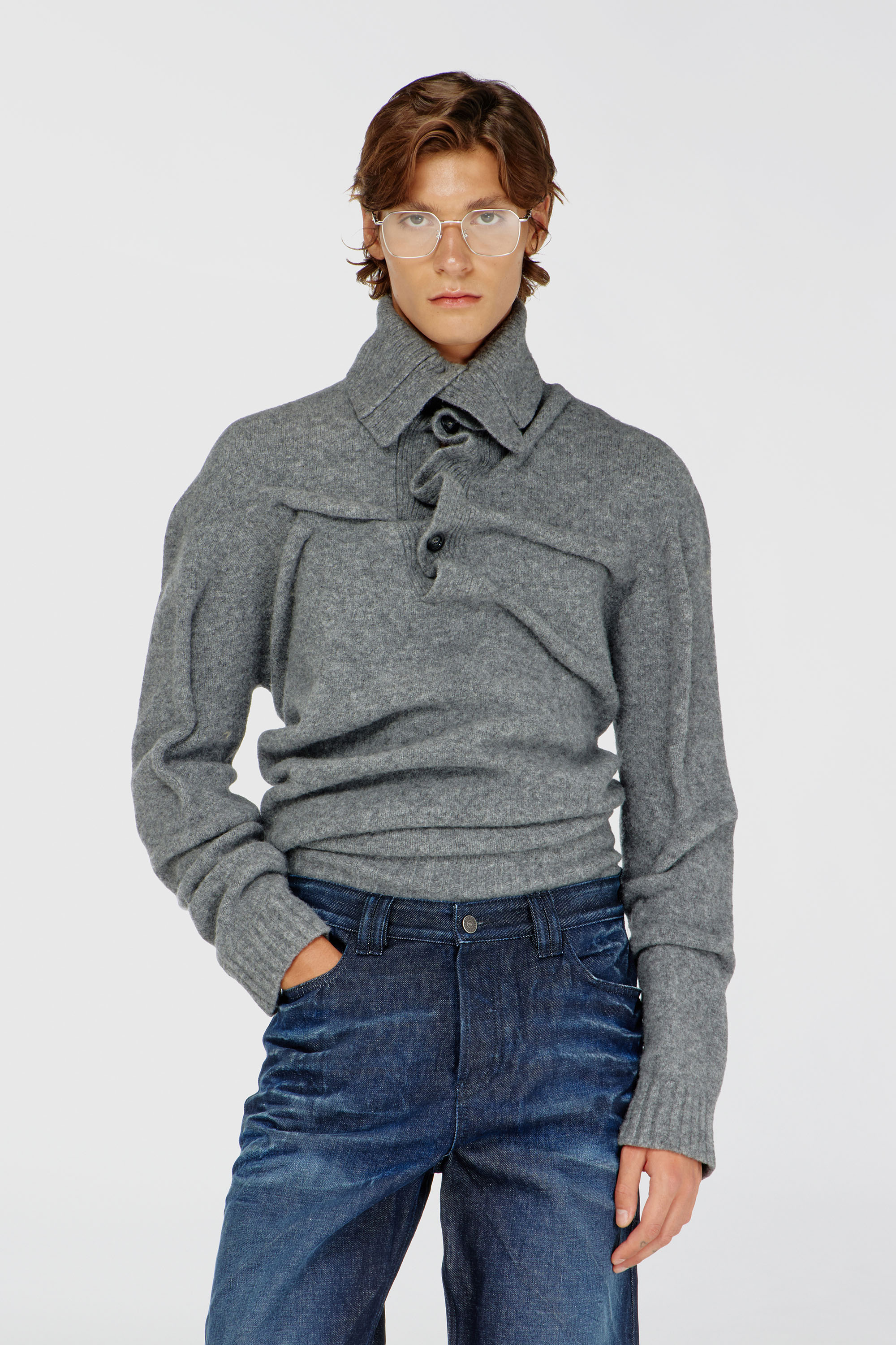 Diesel - K-ANDREW, Pull col boutonnage en maille bouillie froiss&eacute;e Homme in ToBeDefined - 3