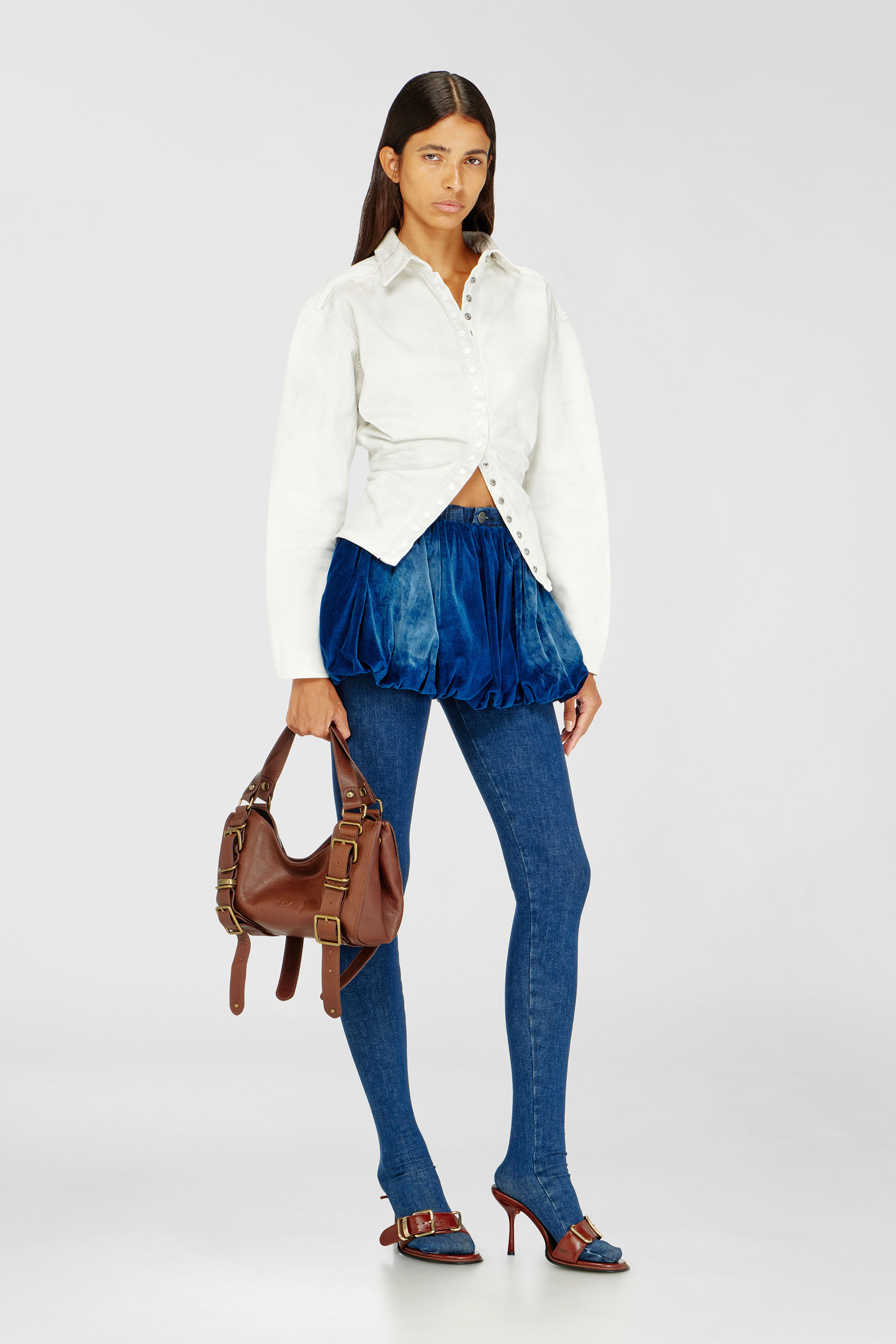 Diesel - DE-MUJ-FSJ1, Jupe courte bouffante en denim velours Femme in Bleu - 1