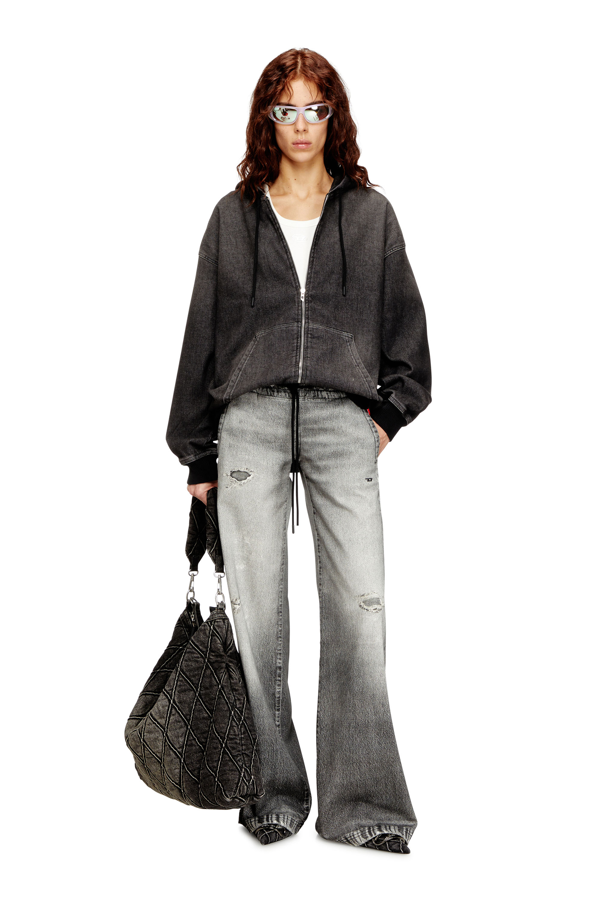 Diesel - D-GIRI-S TRACK, Sweat-shirt à capuche zippé en Track Denim effet sali Mixte in Noir - 4