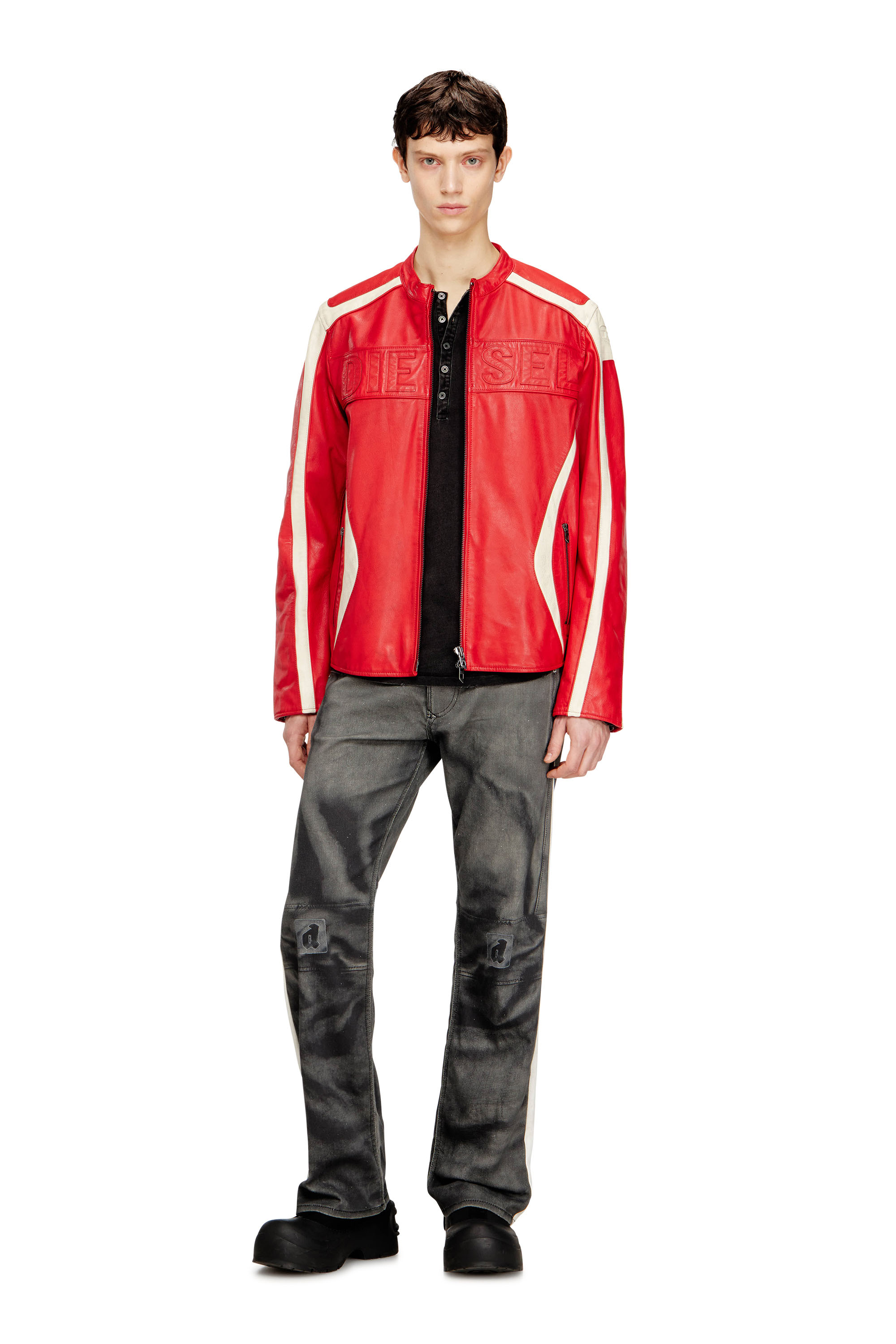 Diesel - L-ADAM, Man's Colour-block leather biker jacket in Red/White - 2