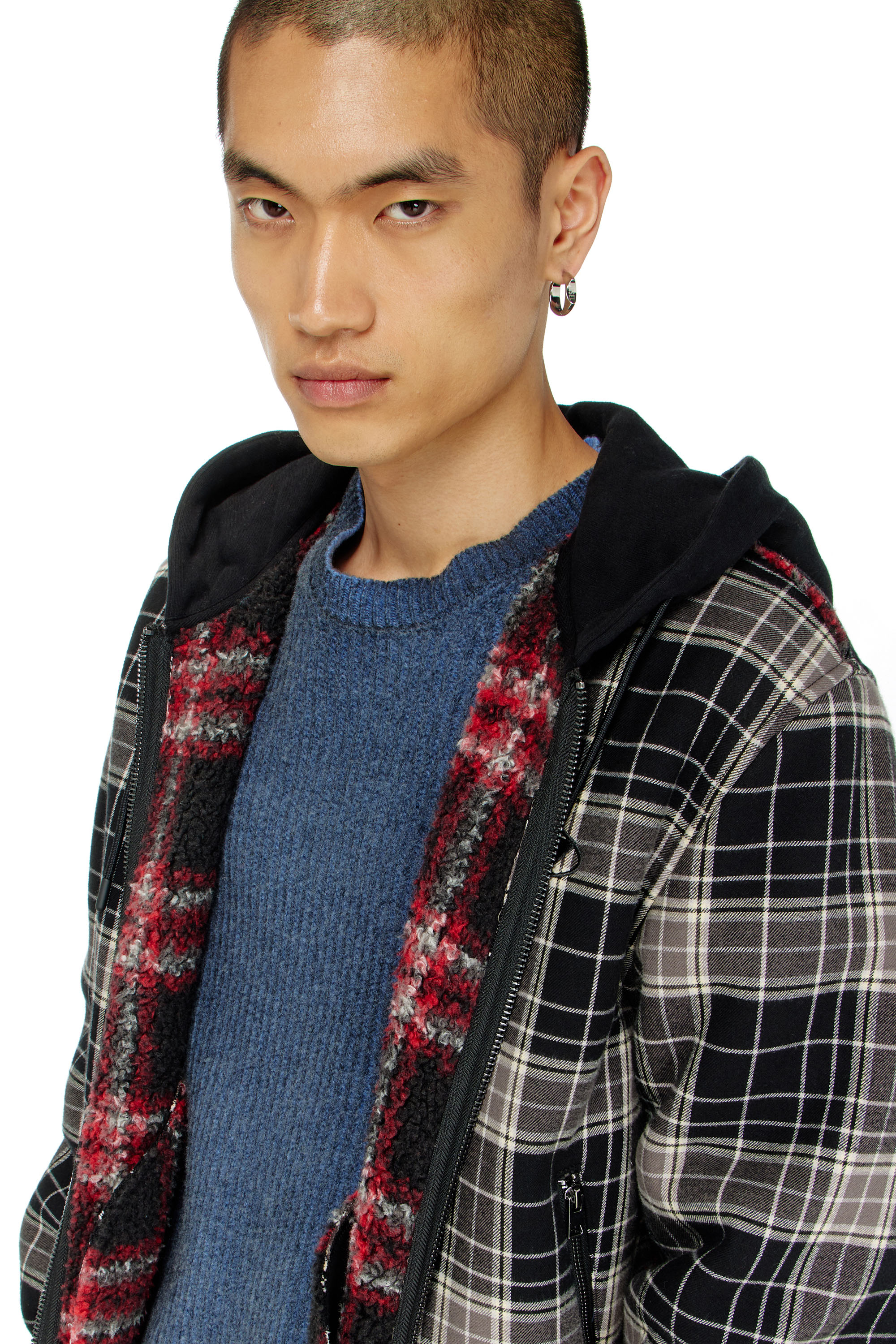 Diesel - W-KUNST, Man's Check-flannel bomber jacket with teddy interior in Grey/Black - 5