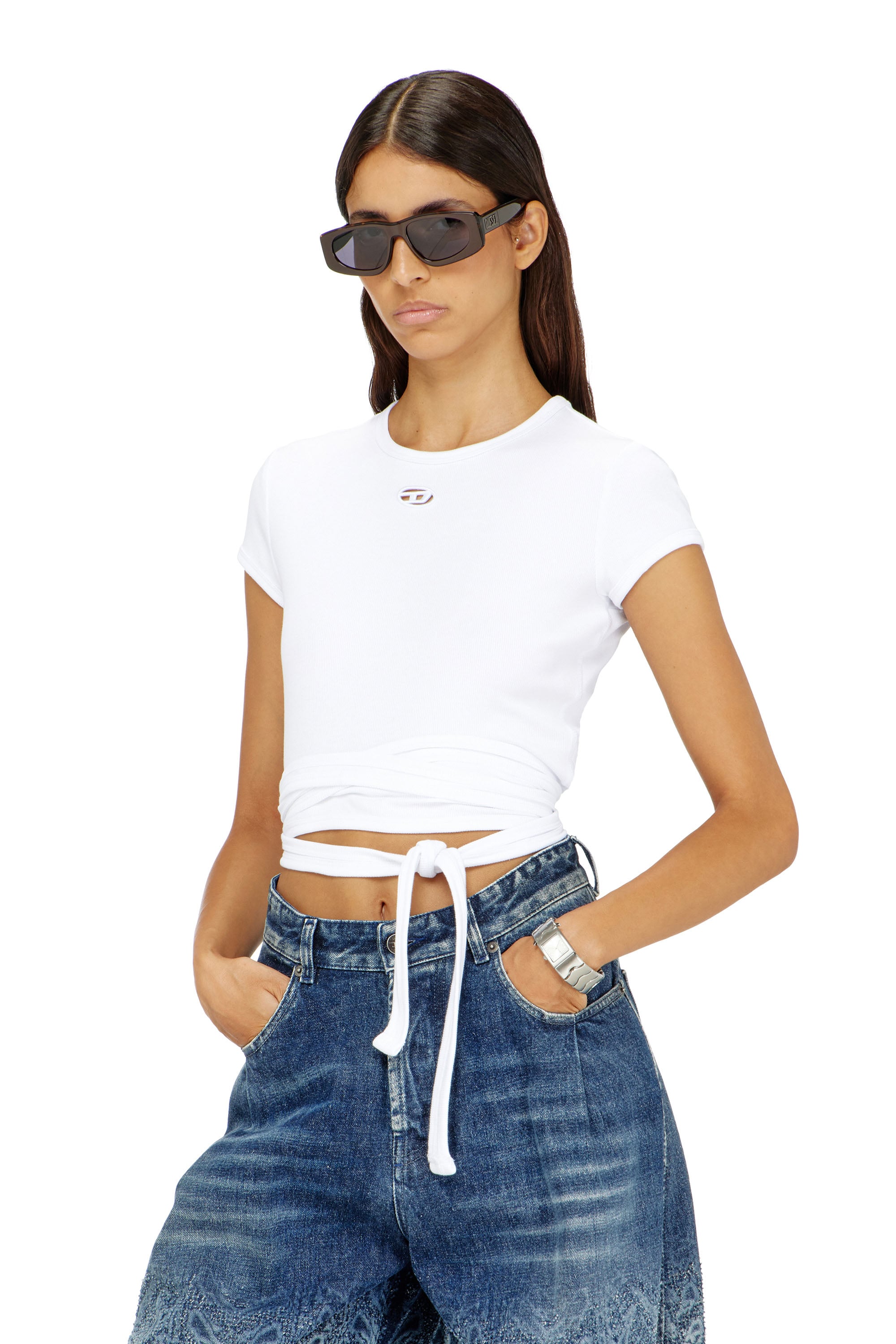 Diesel - T-BUNNY-TAIL-S1, Haut c&ocirc;tel&eacute; avec lacets enveloppants Femme in Blanc - 1