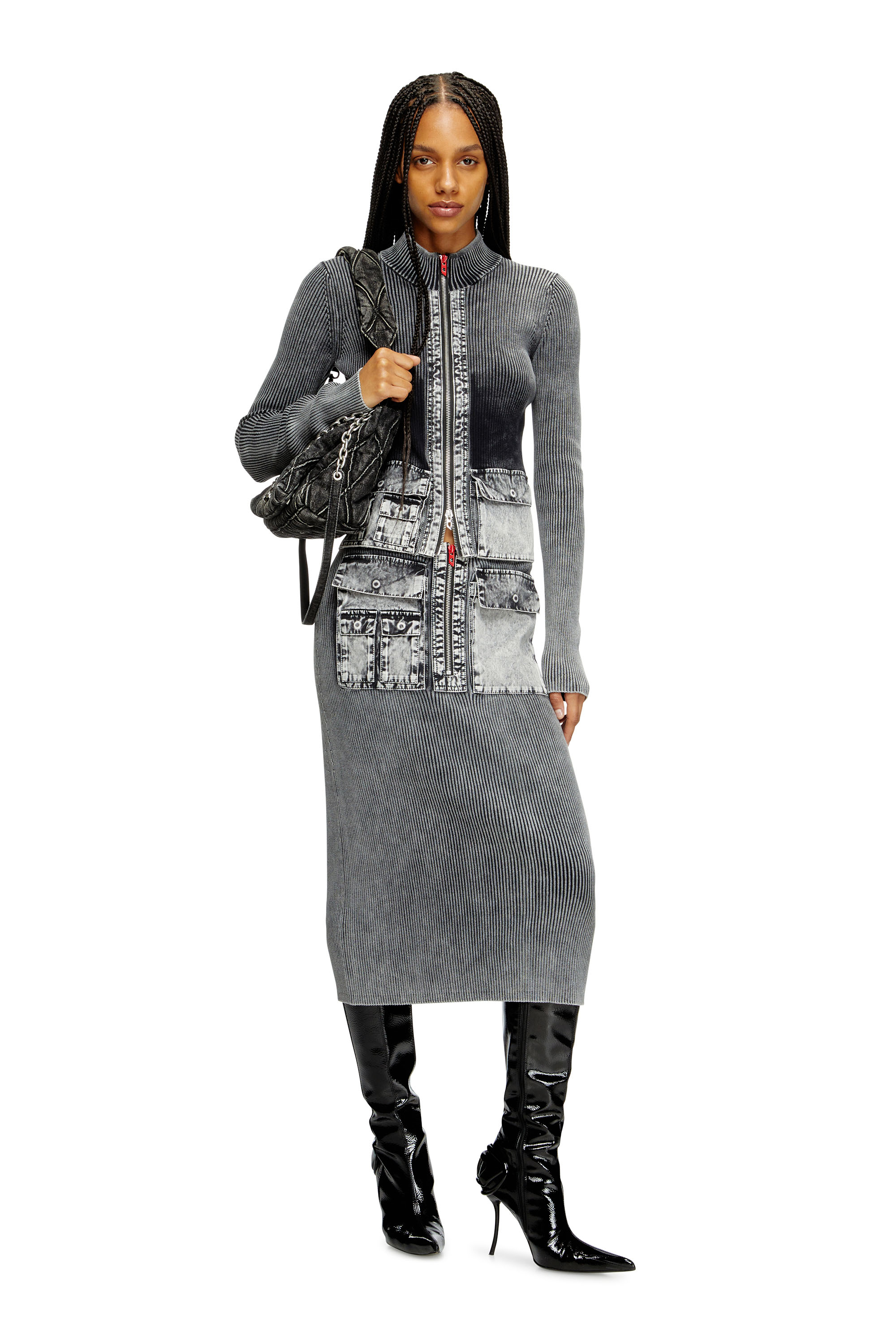 Diesel - M-MERYN, Jupe midi en maille avec poches cargo en denim Femme in Gris - 1