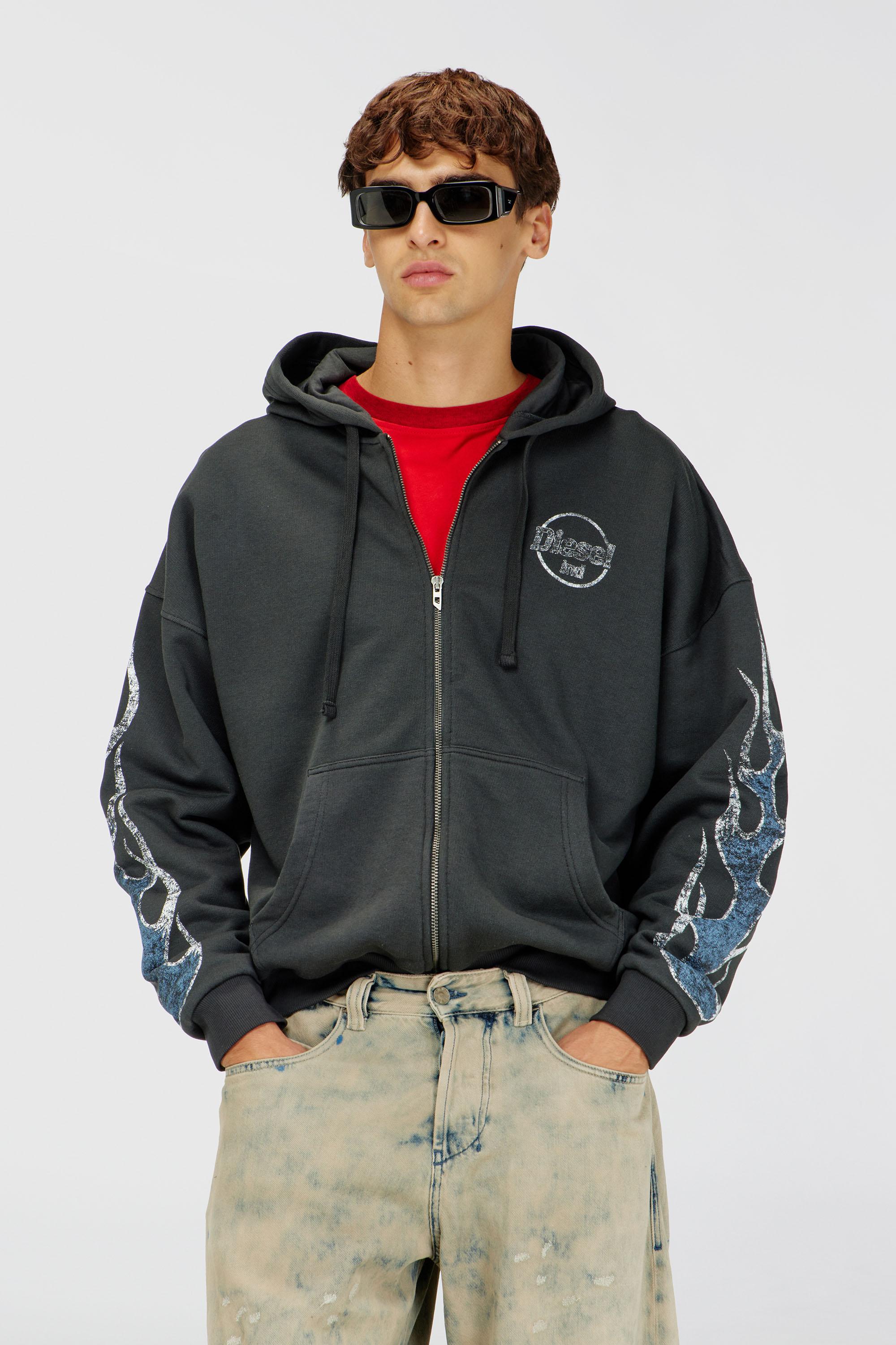 Diesel - S-TOLY-ZIP, Sweat &agrave; capuche zipp&eacute; avec imprim&eacute; craquel&eacute; Homme in Gris - 3