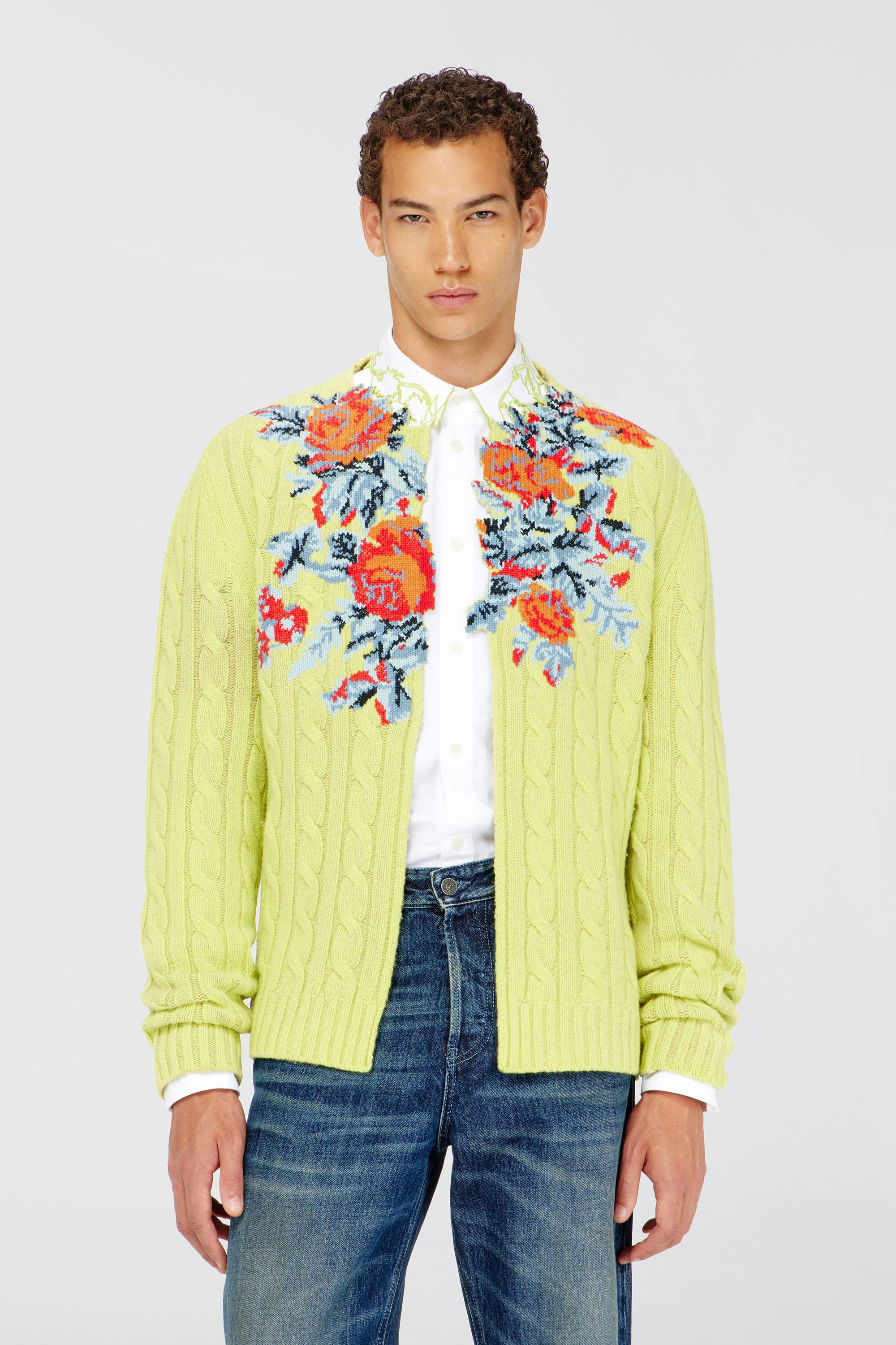 Diesel - K-RINO, Cardigan ouvert en maille torsad&eacute;e &agrave; motif floral Homme in Jaune - 3
