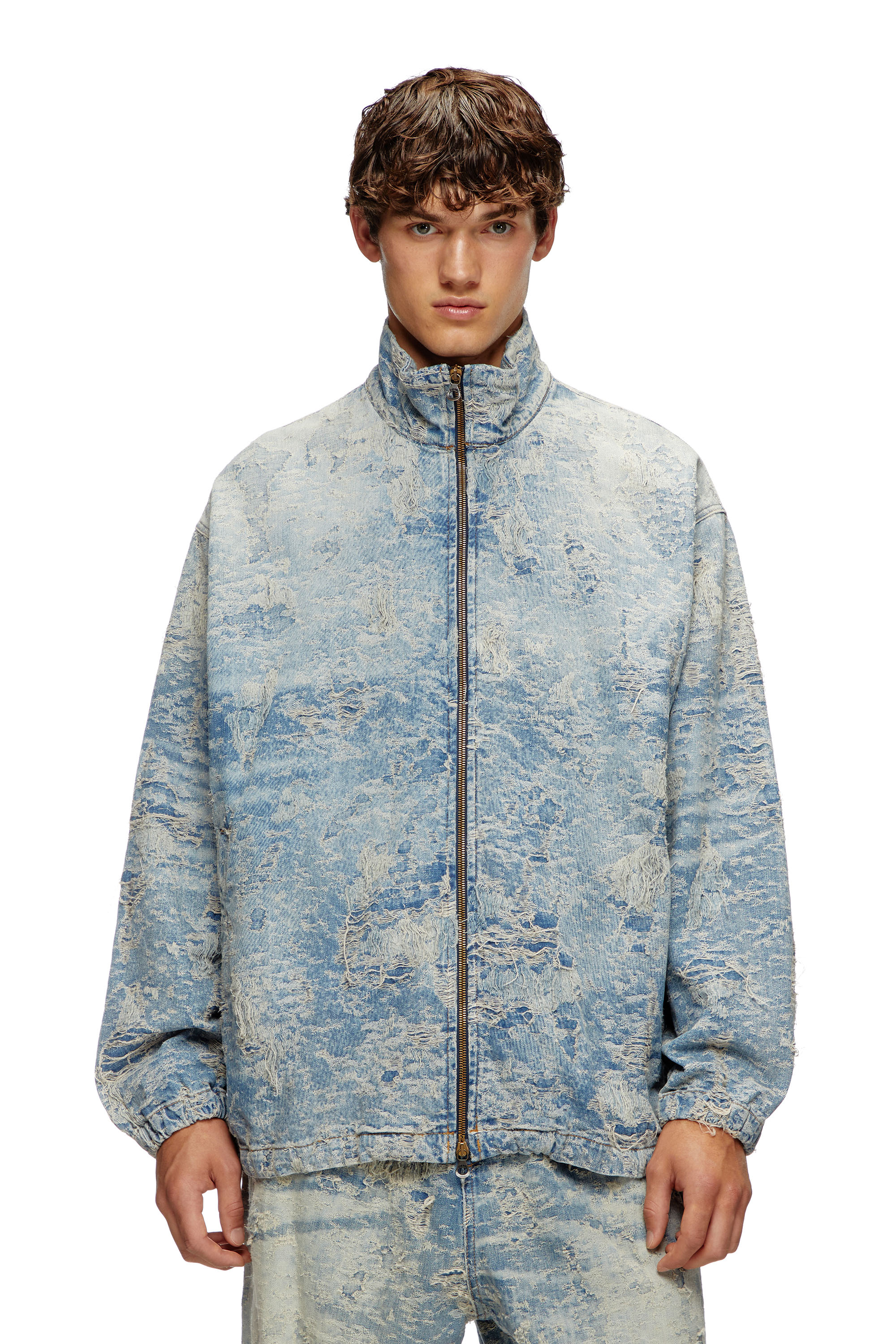 Diesel - D-KRAP-FSF, Veste zippée en denim jacquard effet sali Mixte in Bleu - 1