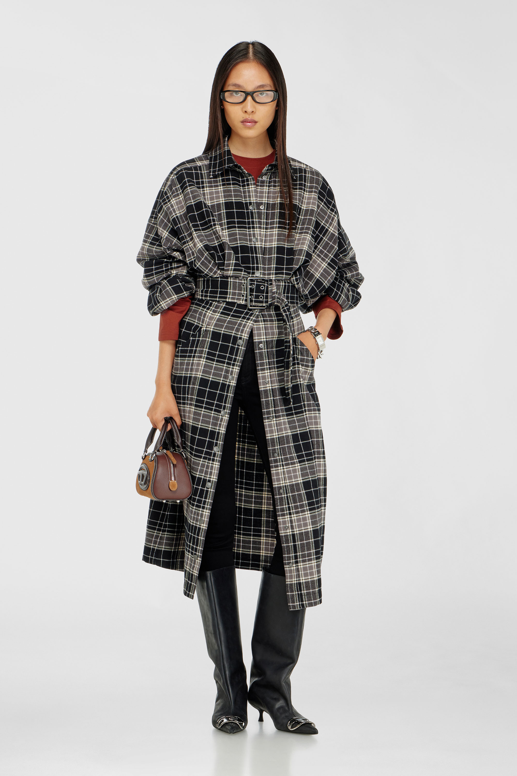 Diesel - D-EDALUS, Robe midi en flanelle &agrave; carreaux avec large ceinture Femme in Polychrome - 2