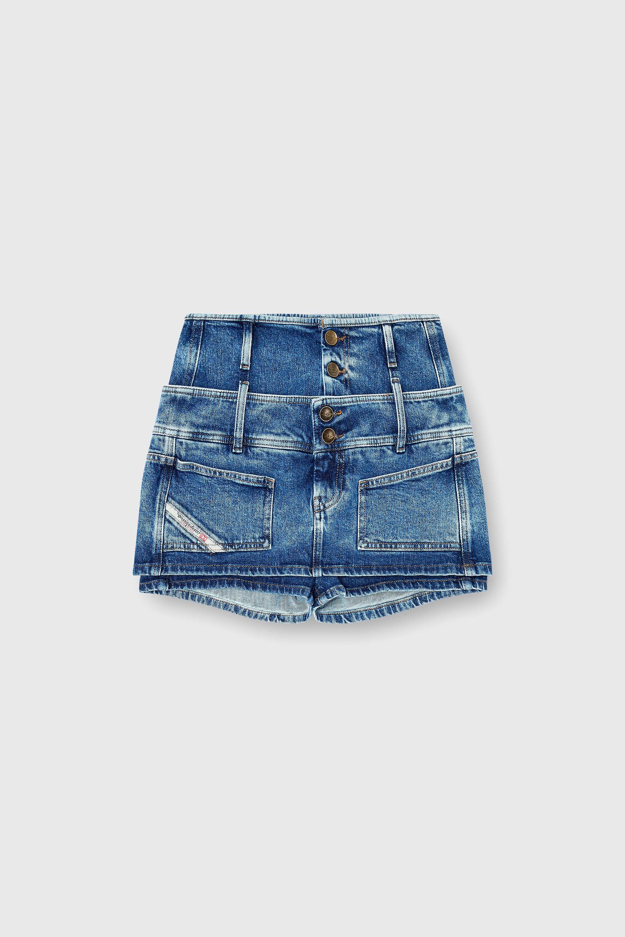 Diesel - DE-CORIVA-S, Mini-jupe-short en denim &agrave; double taille Femme in Bleu - 2