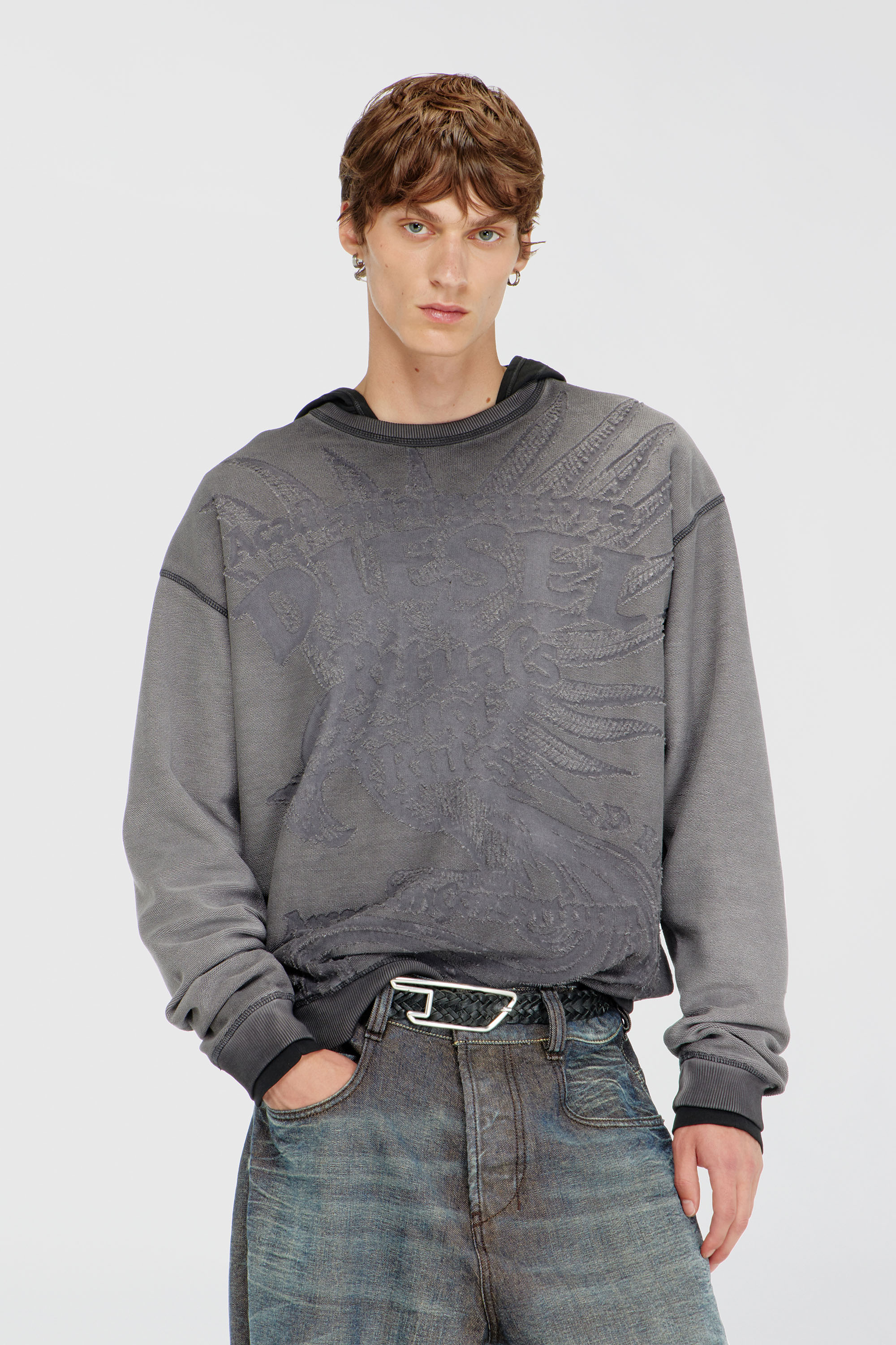 Diesel - S-ARON-RAW, Sweat-shirt avec imprim&eacute; d&eacute;vor&eacute; Homme in Gris - 3