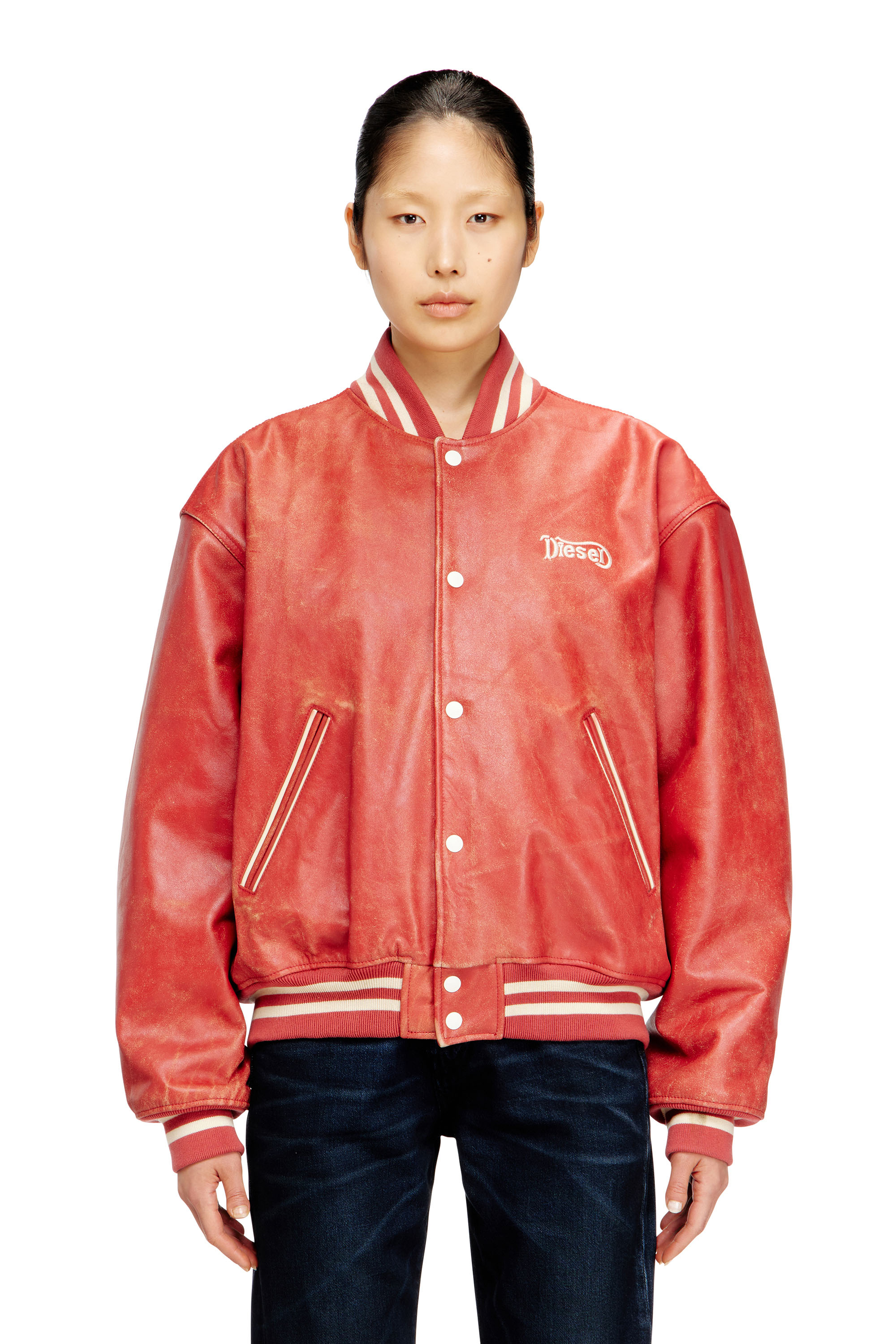 Diesel - L-DIFORDI-20TH, Blouson aviateur en cuir avec logo Diesel Mixte in Rouge - 6