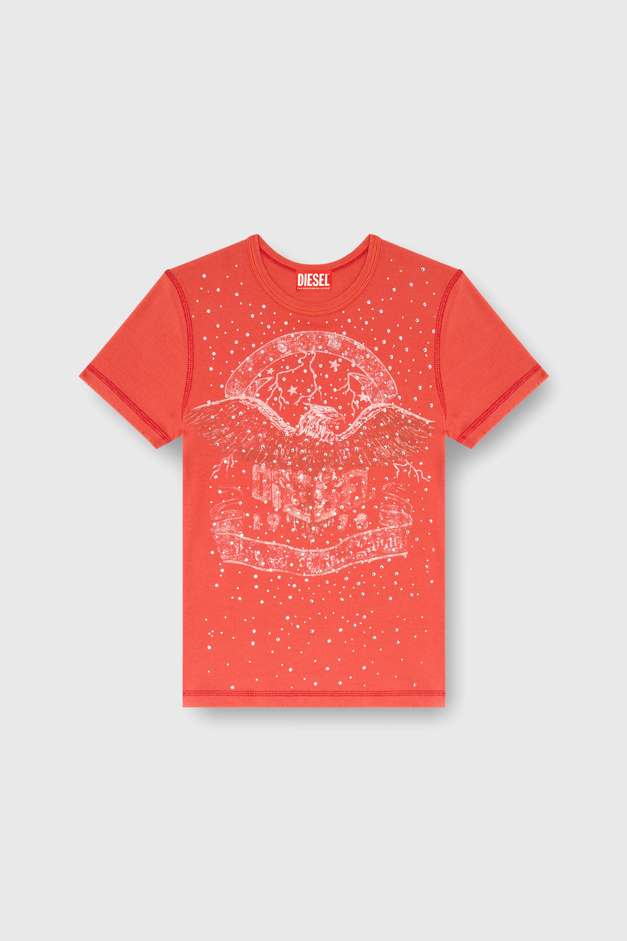 Diesel - T-MARSY-RIB-CRY, T-shirt avec graphismes de concert et cristaux Femme in Rouge - 2