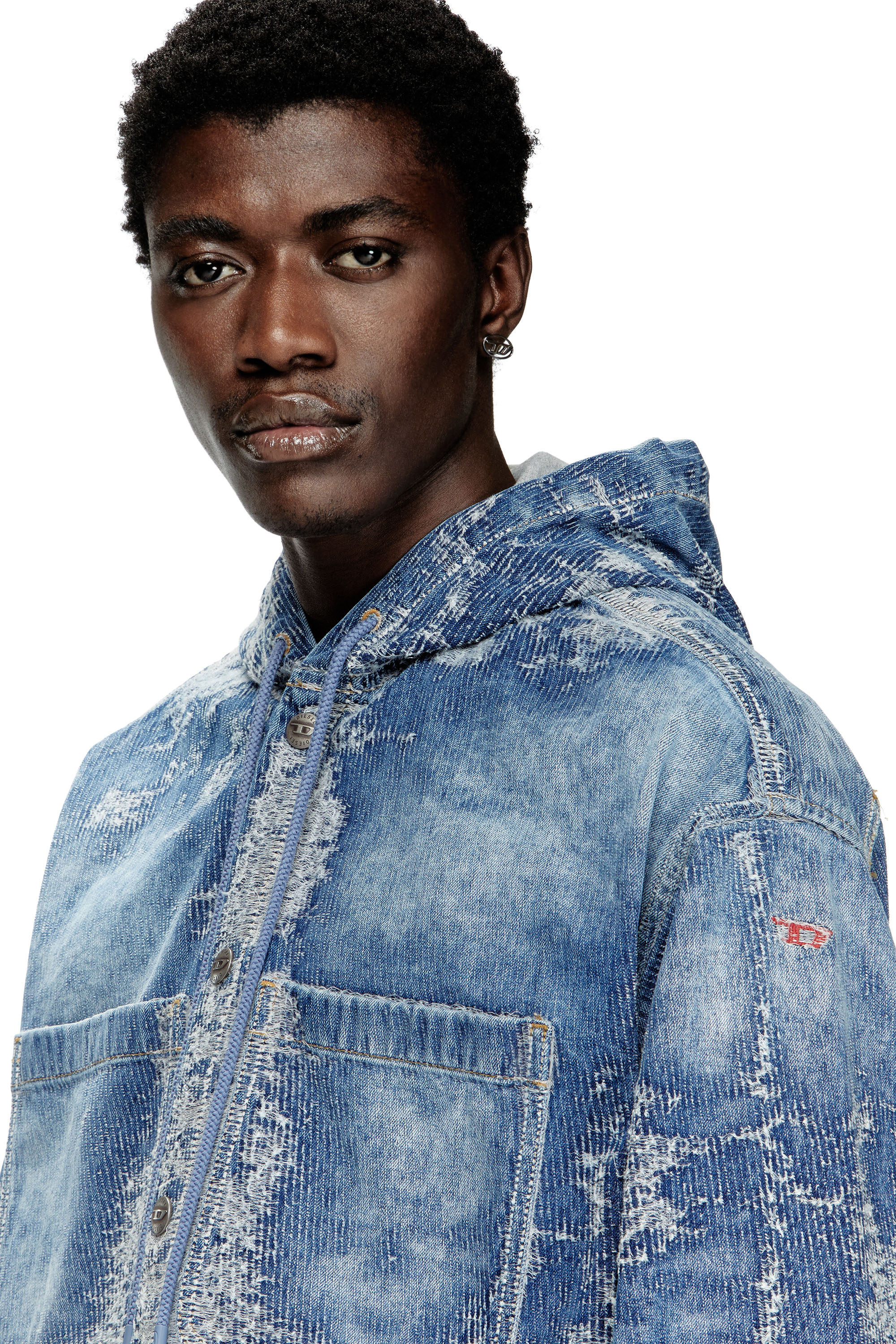 Diesel - D-DEWNYS-HOOD-S, Surchemise en denim jacquard effet vieilli Homme in Bleu - 4