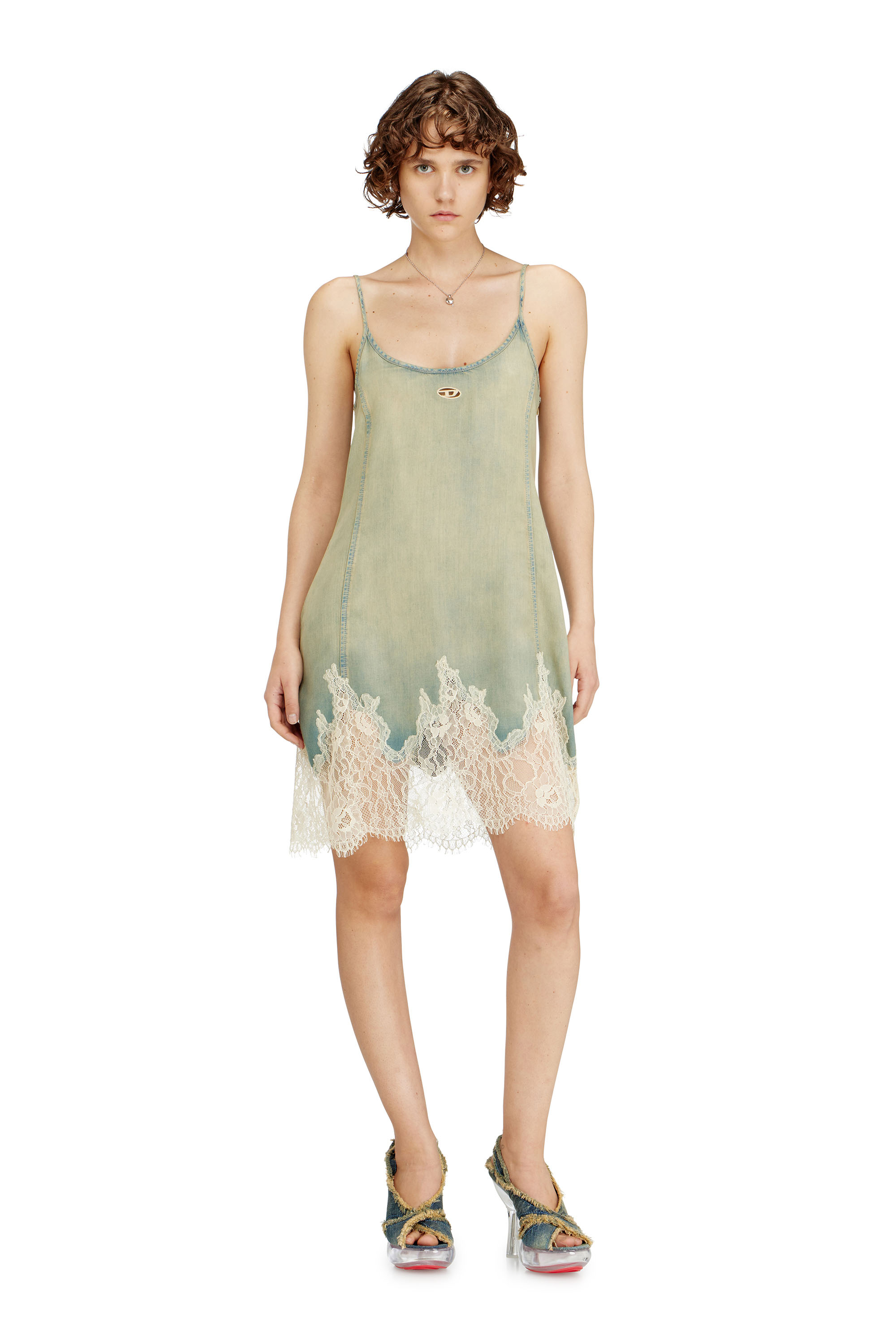 Diesel - DE-ODRY-S, Woman's Mini dress in lace denim in Blue/White - 1