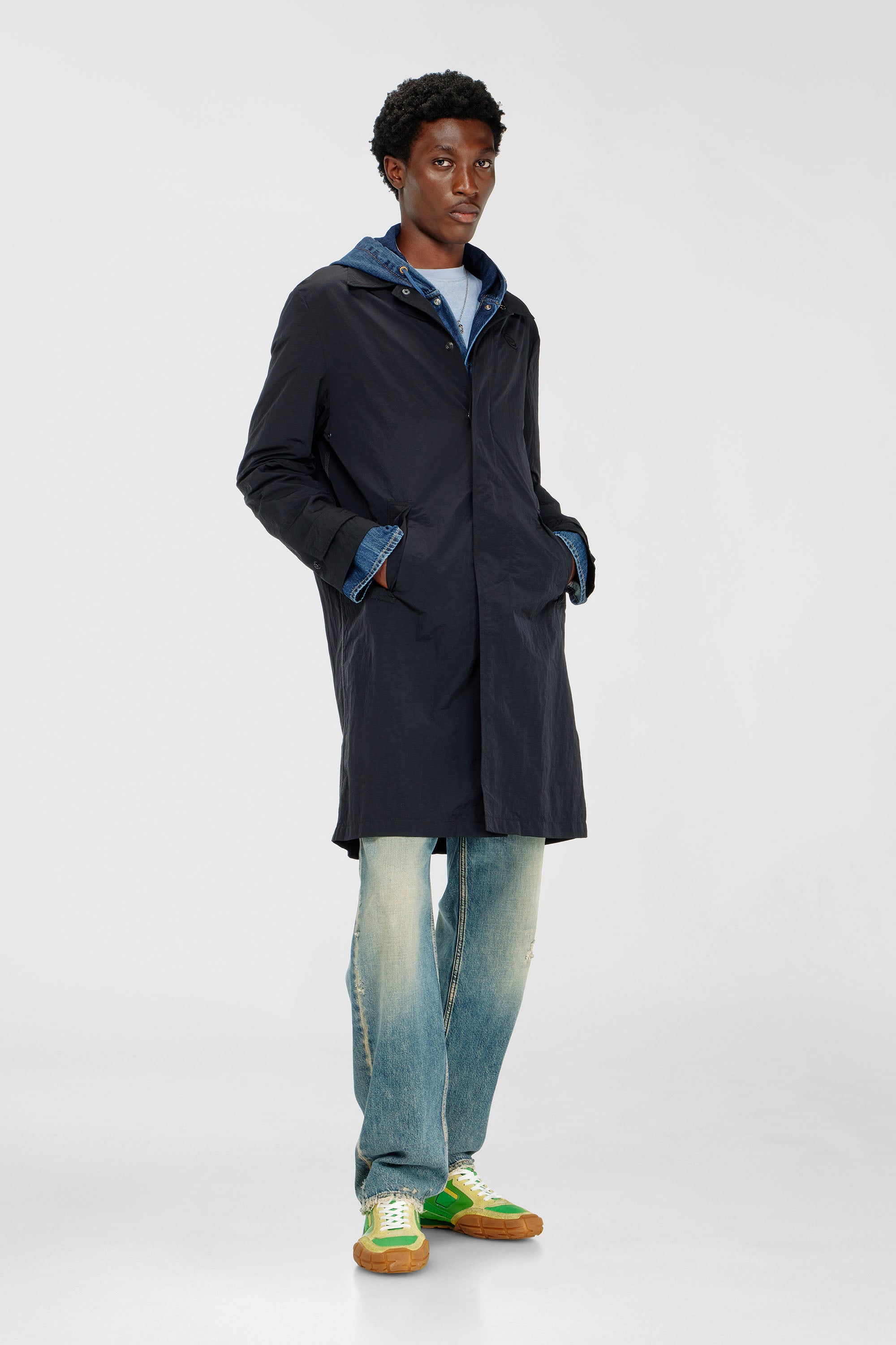 Nylon coat with shiny crinkle finish