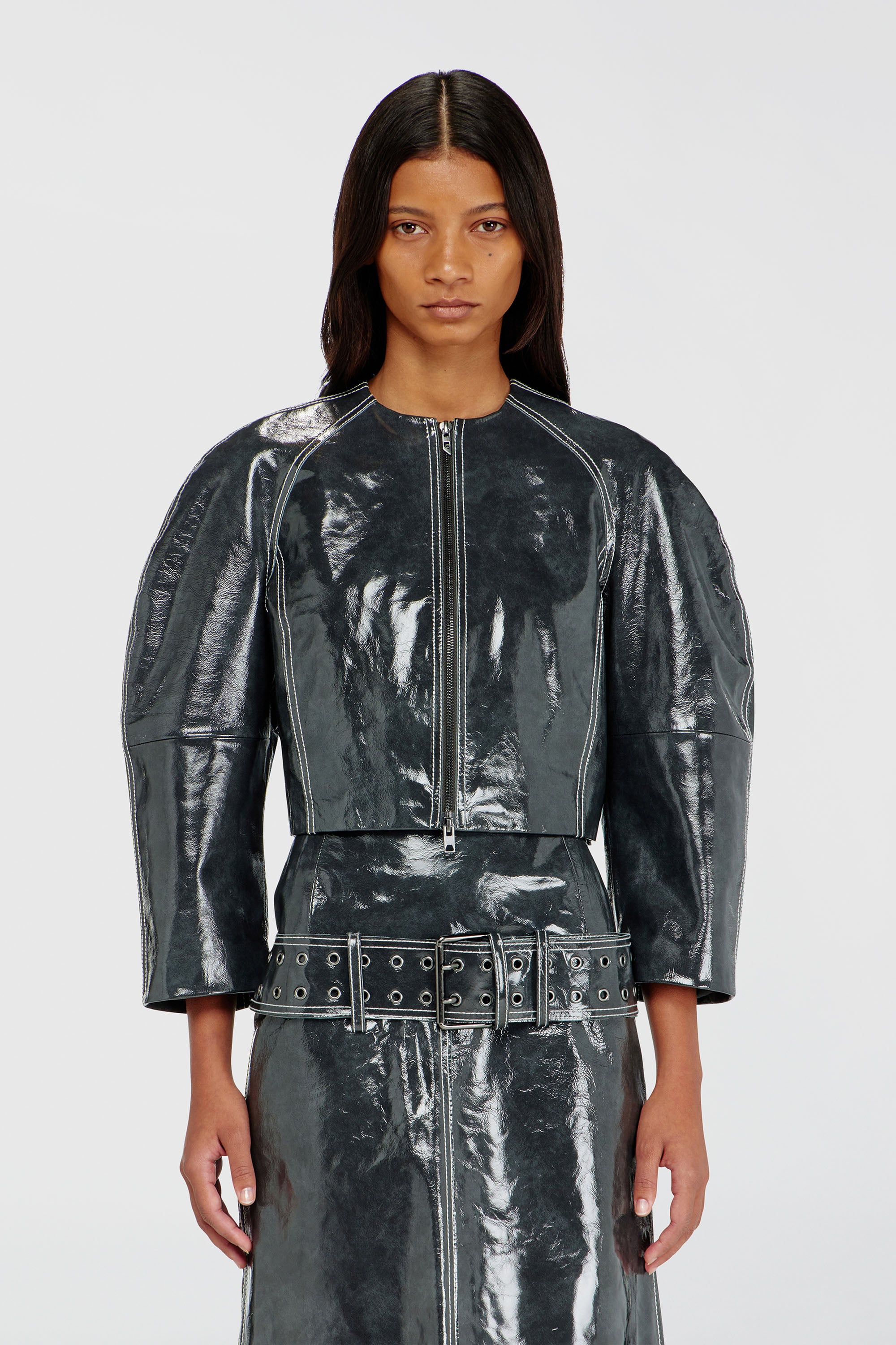 Diesel - L-ANDON, Woman's Patent-leather jacket with cocoon sleeves in Dark grey - 1