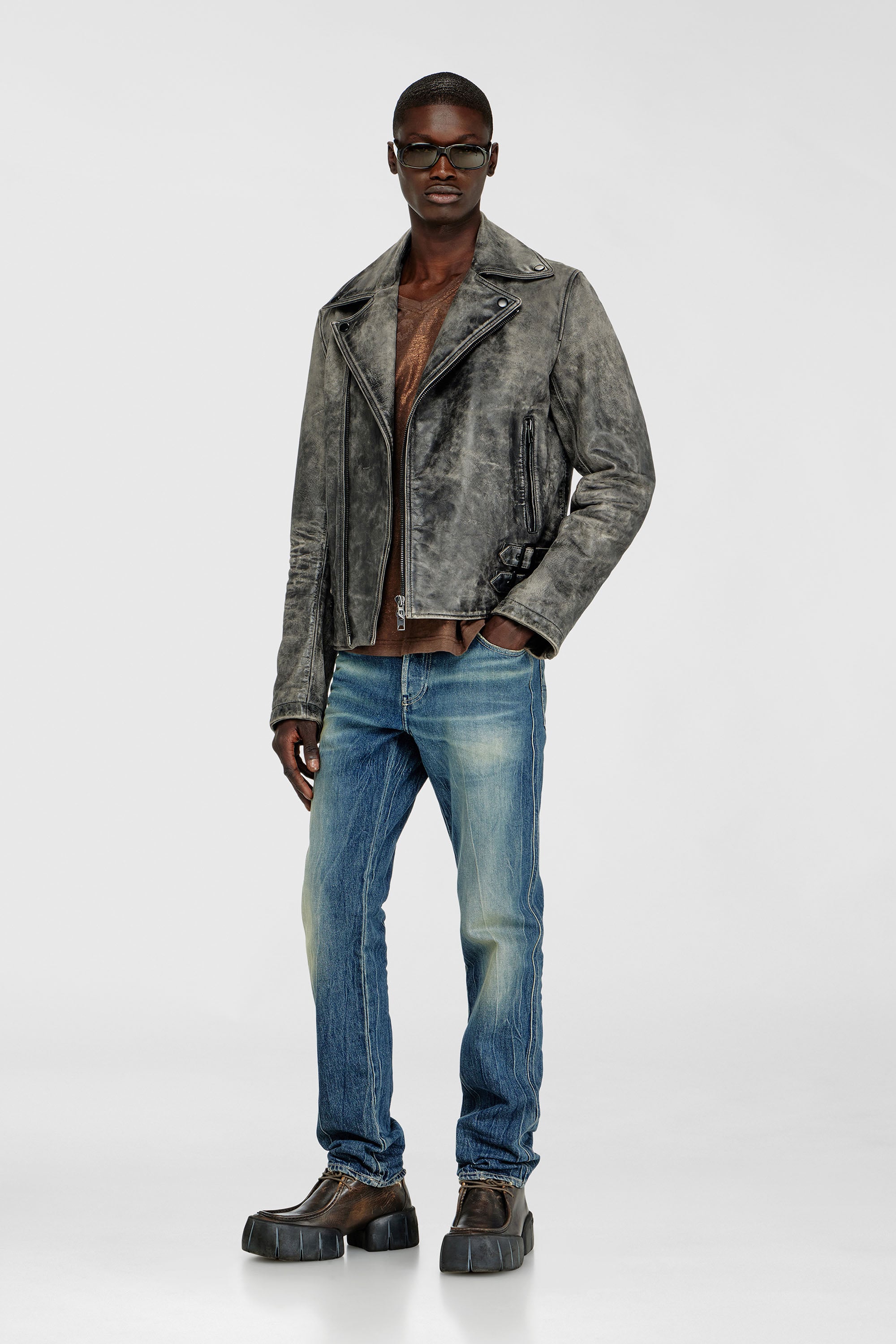 Diesel - L-EON-CJCM, Veste biker en cuir trait&eacute; Homme in Gris - 2