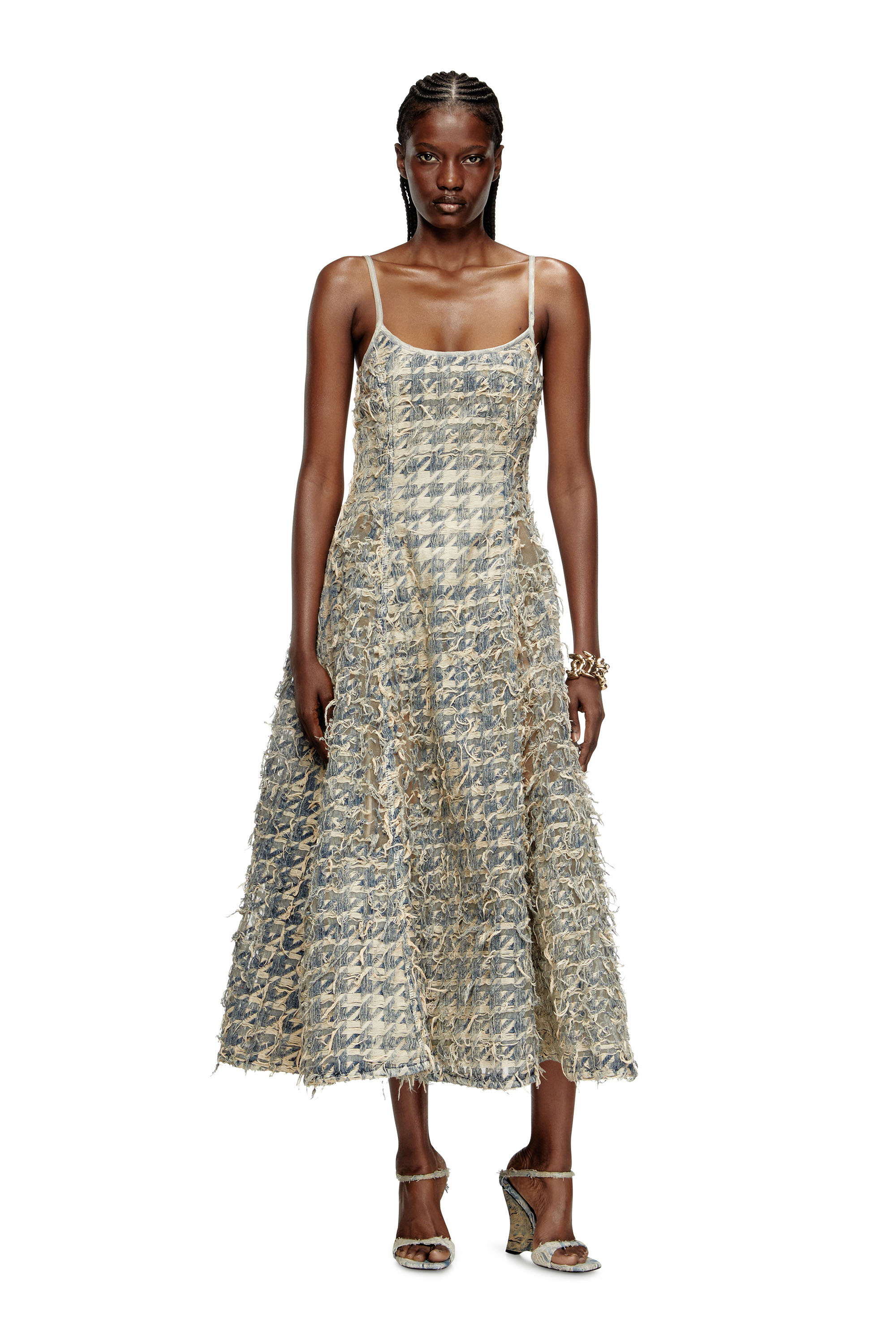 Diesel - DE-SWEENEY-LONG-FSH, Jupe longue en denim motif pied-de-poule dévoré Femme in Bleu - 2