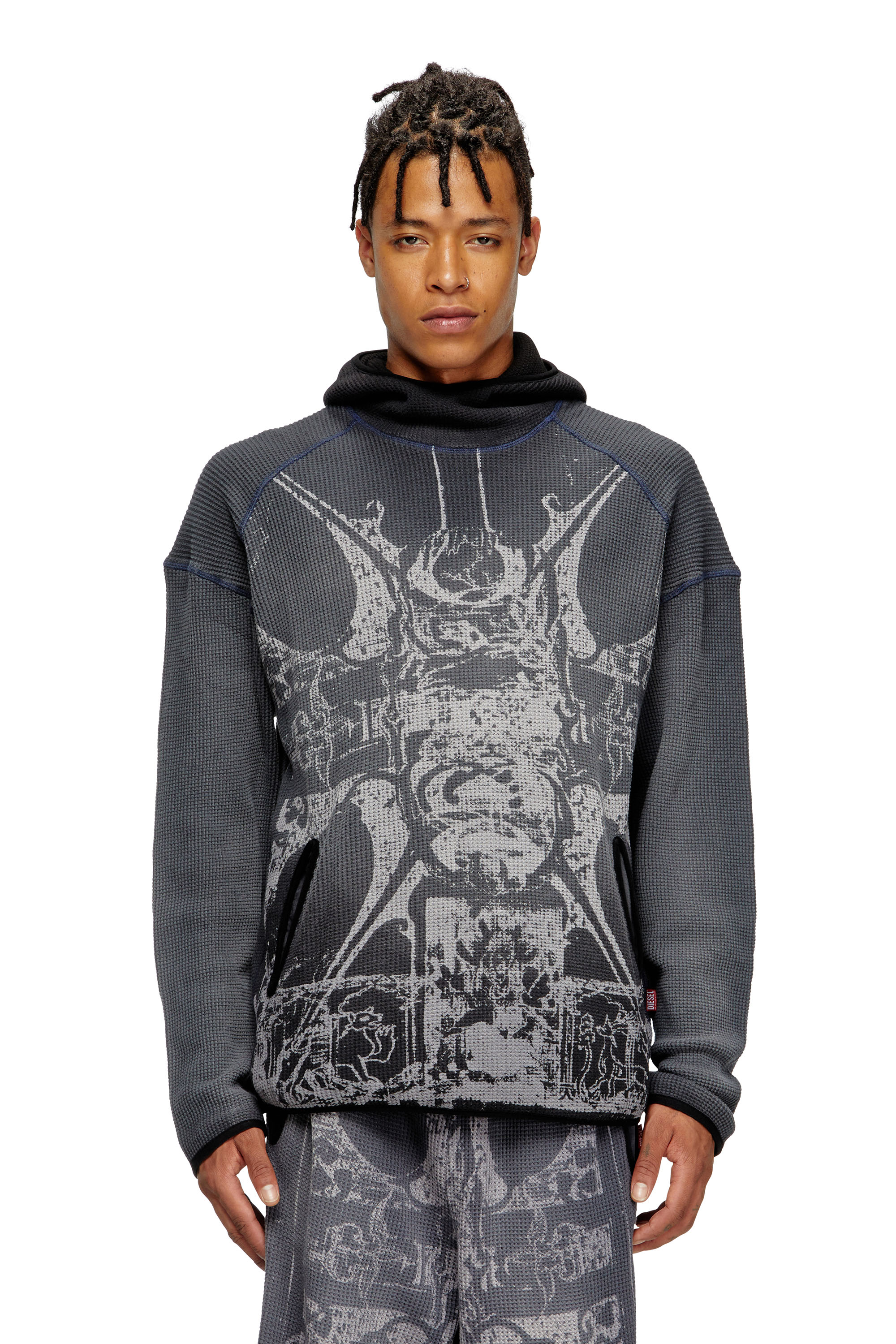 Diesel - S-WAF-HOOD-NEW, Sweat-shirt à capuche délavé en tissu gaufré avec imprimé graphique Homme in Noir - 1