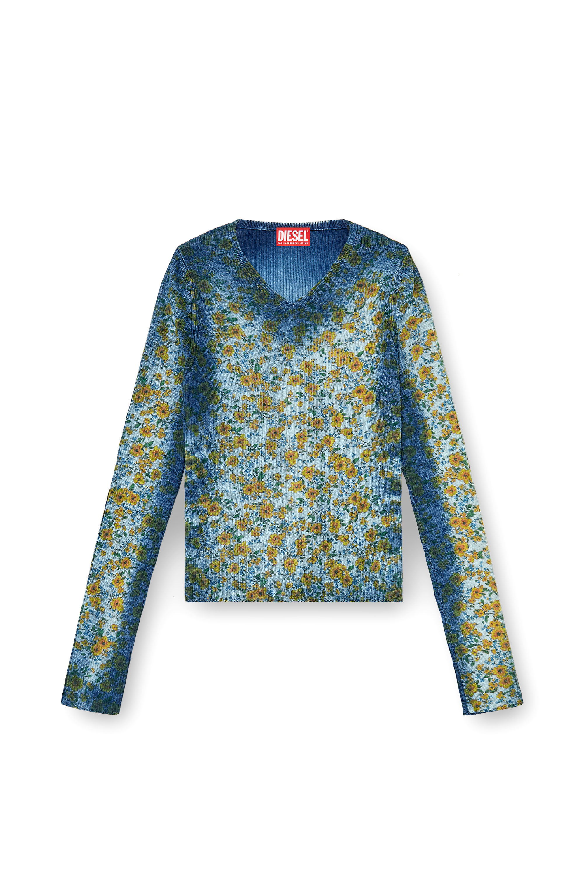 Diesel - M-EGE, Haut en maille c&ocirc;tel&eacute;e avec effet floral radiographique Femme in Bleu - 1