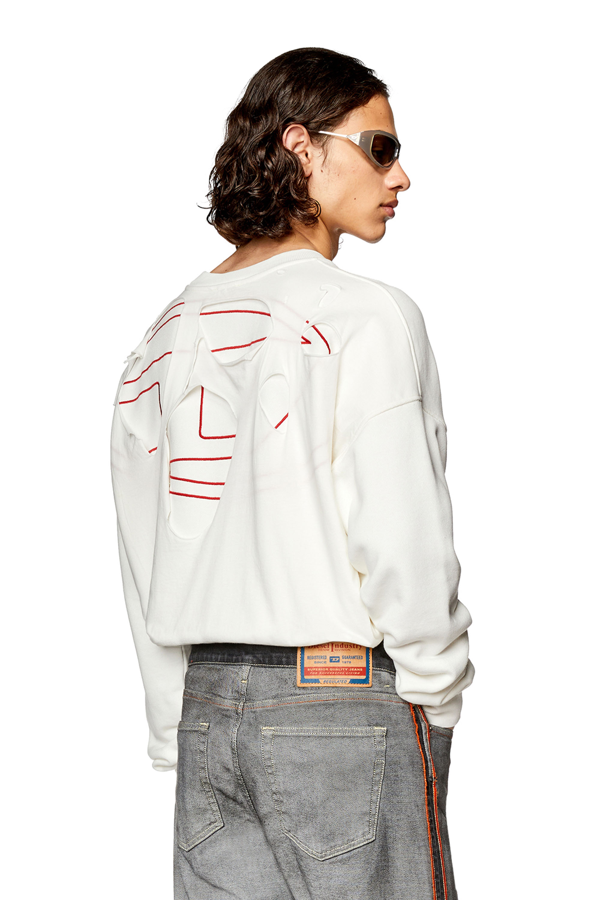 Diesel - S-STRAPOVAL, Man's Ripped sweatshirt with logo embroidery in White - 3