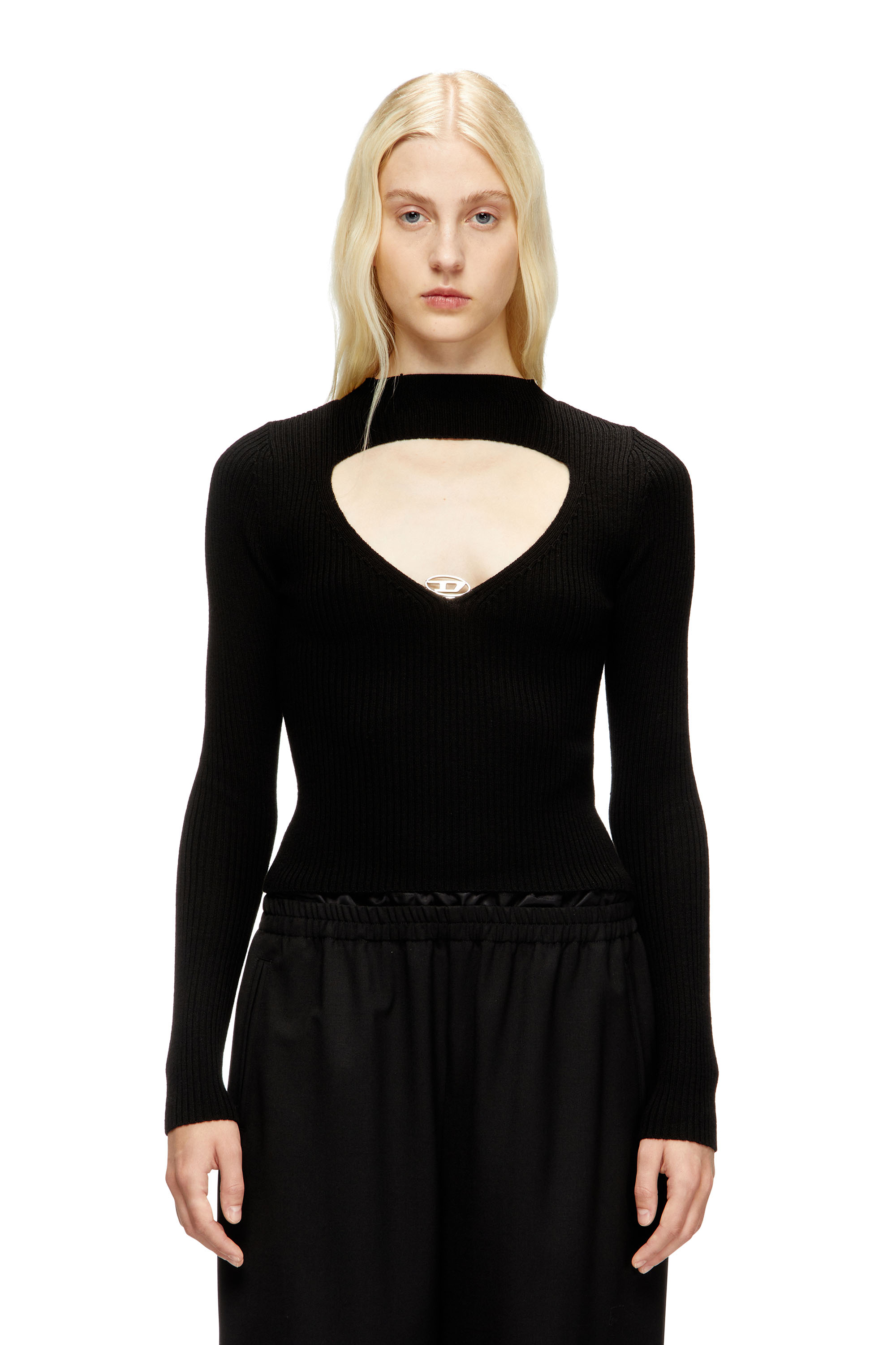 Diesel - M-OLINA, Pull côtelé en laine avec cut-out Femme in Noir - 1