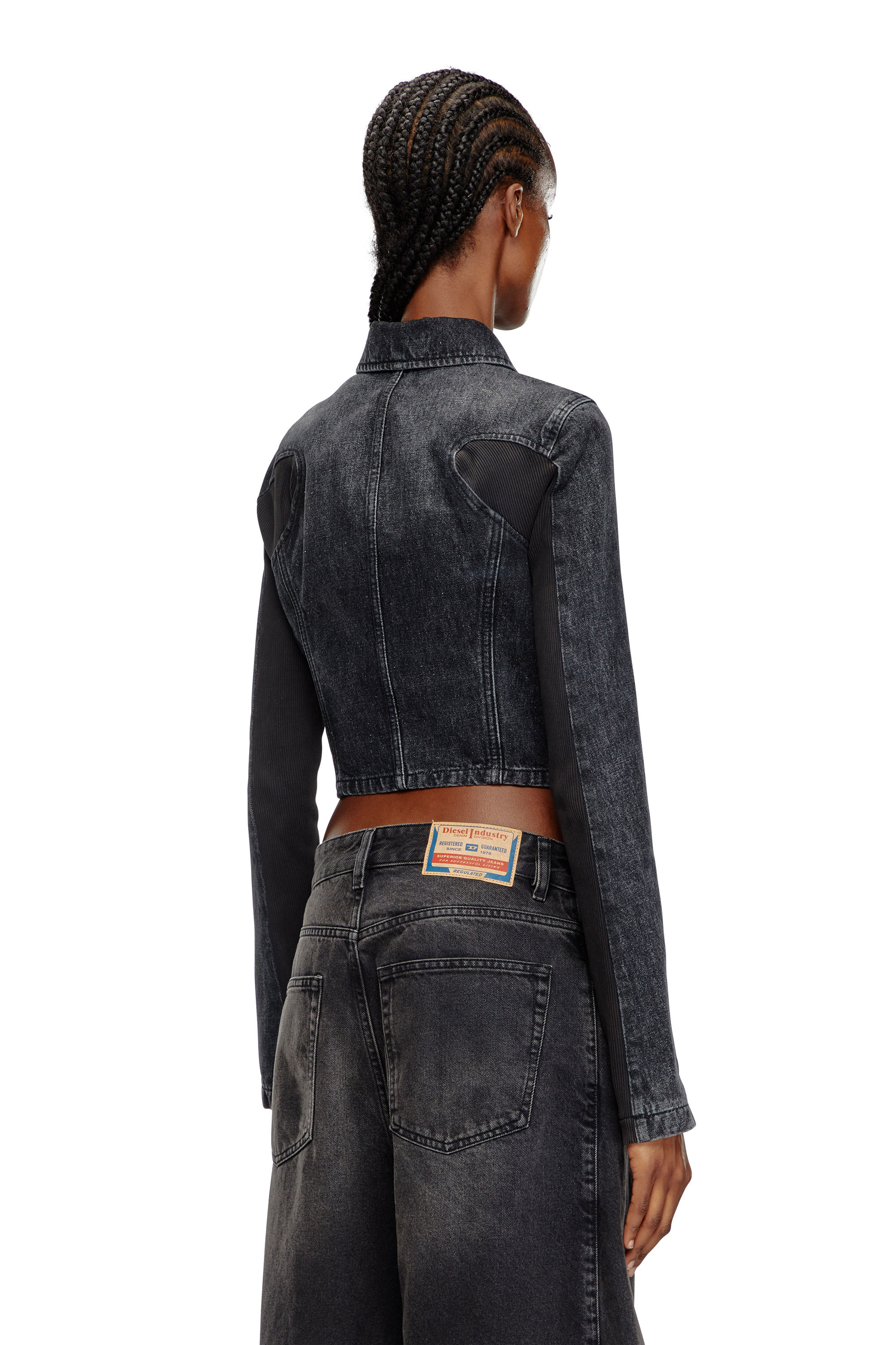 Diesel - DE-SYLEN-S, Veste courte en denim avec empi&egrave;cements c&ocirc;tel&eacute;s Femme in Noir - 4