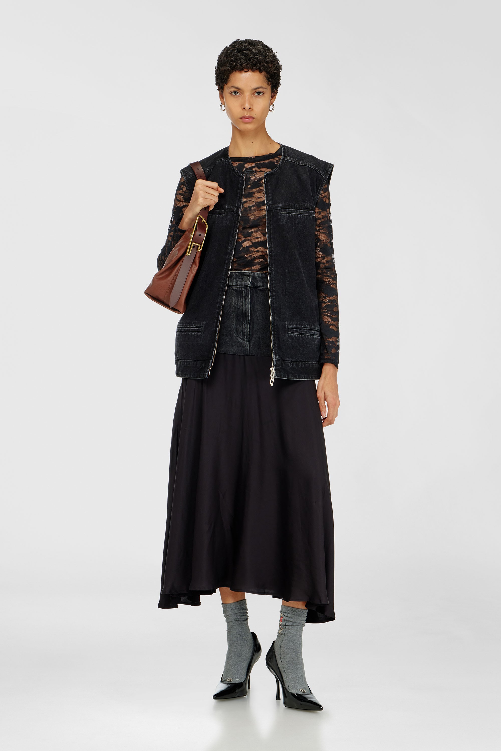 Diesel - O-RIONE, Woman's Midi skirt with denim-satin sections in Black - 1
