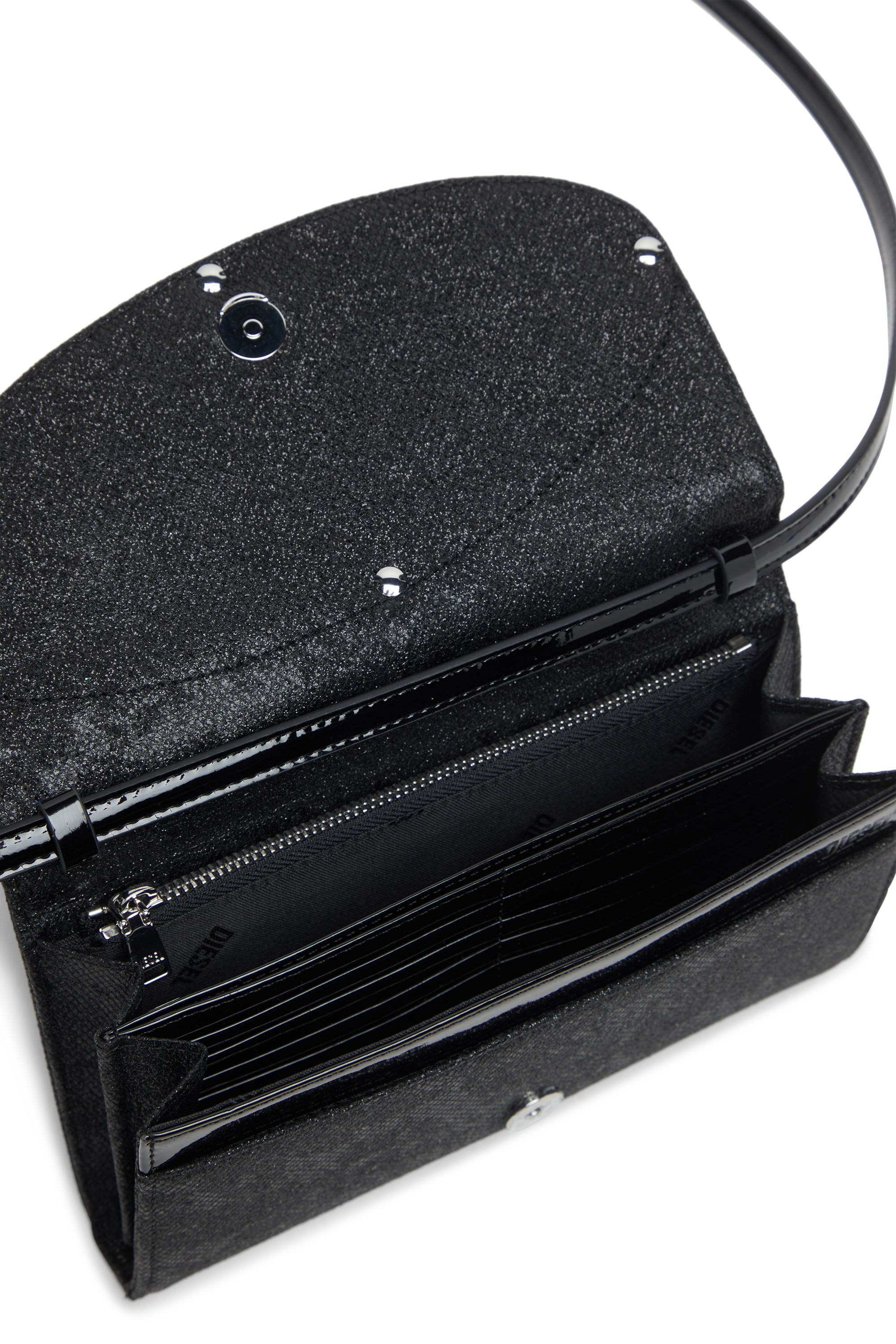 Diesel - 1DR WALLET STRAP, Porte-monnaie en Lurex camouflage à paillettes Femme in Noir - 4