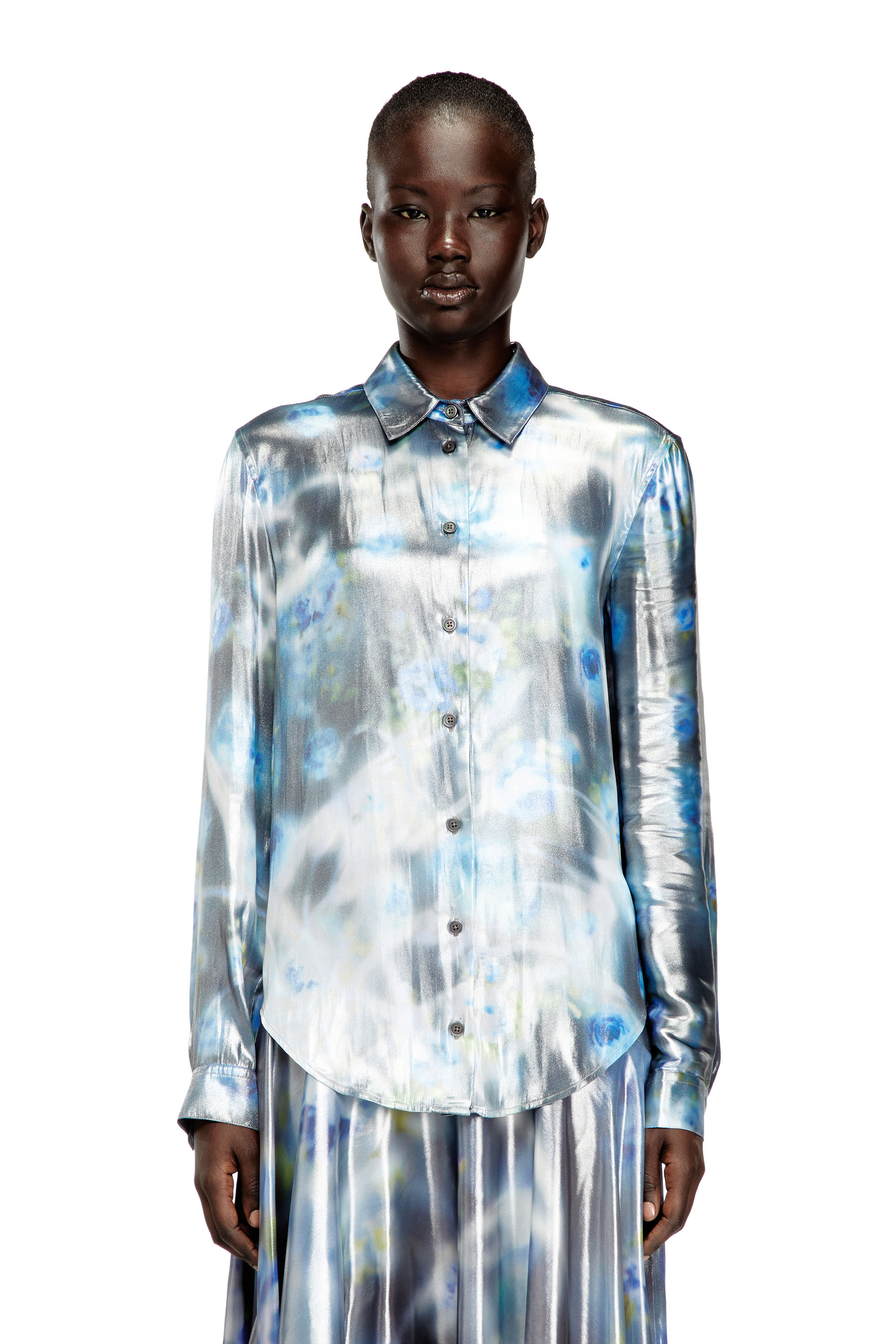 Diesel - C-RONOR-S2, Woman's Metallic shirt with blurred roses print in Blue - 1