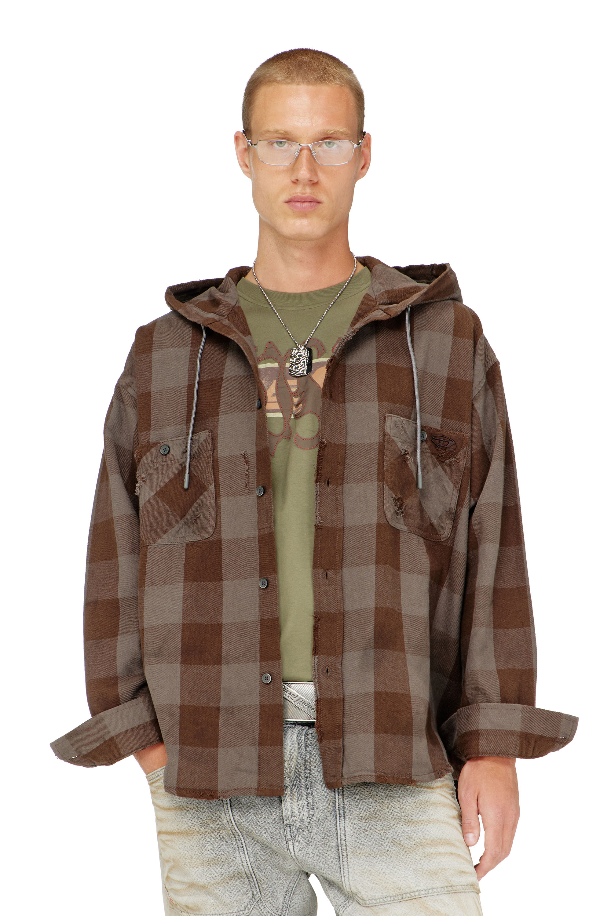 Diesel - S-DRUM-HOODY, Chemise &agrave; capuche effet us&eacute; en flanelle &agrave; carreaux Homme in ToBeDefined - 1
