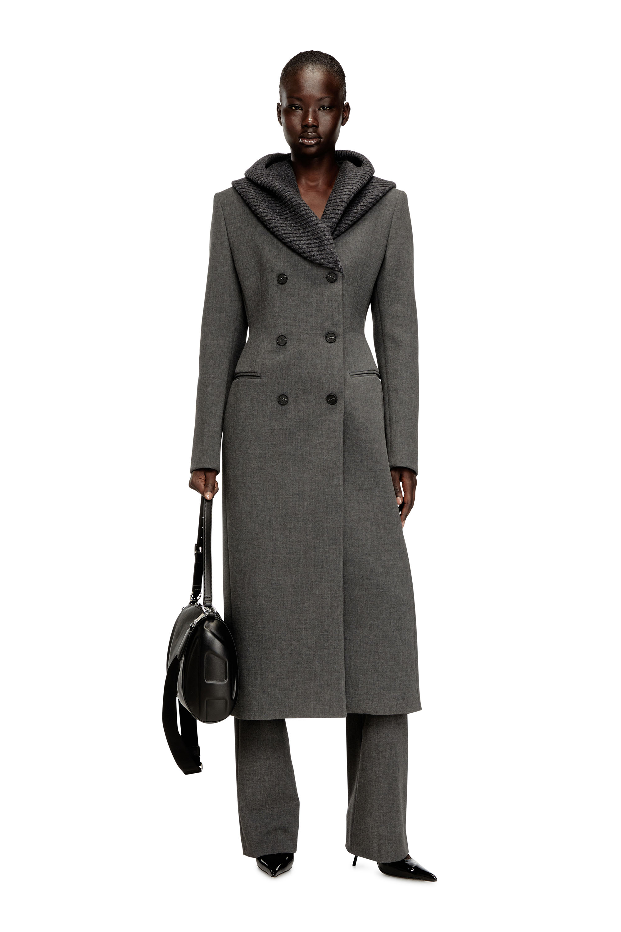 Diesel - G-OLDEN-LONG, Manteau long en sablier avec capuche snood en tricot Femme in Gris - 1
