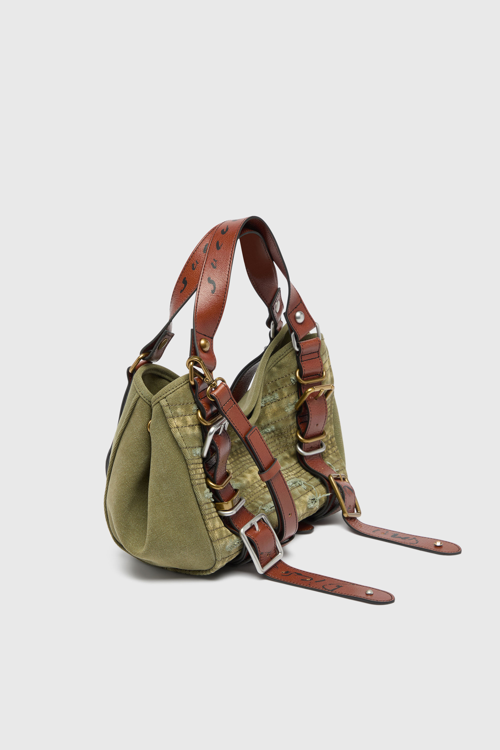 Diesel - D-ONE TOPHANDLE S, D-One-Small sac &agrave; poign&eacute;e en toile effet us&eacute; et cuir Femme in Vert - 5