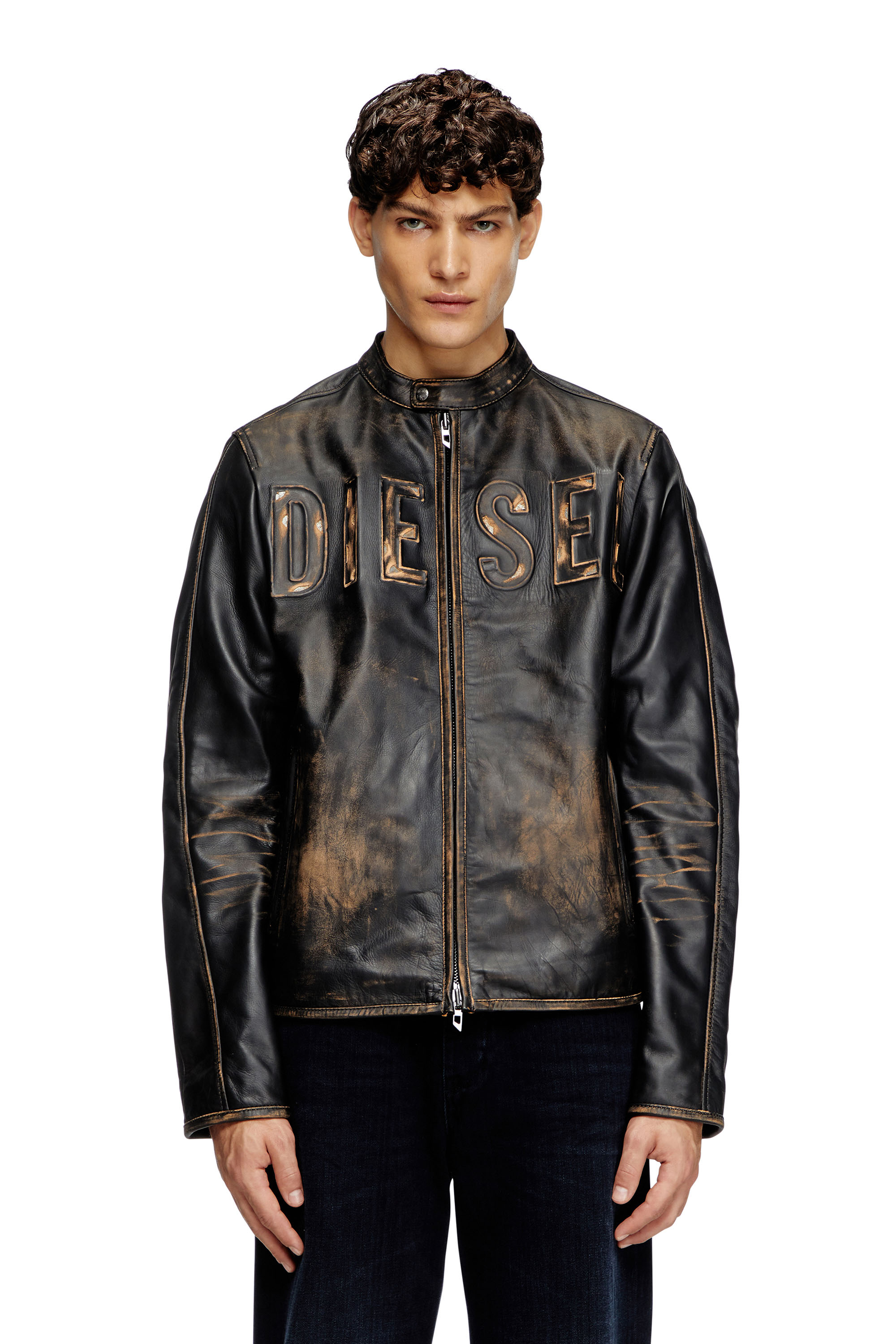 Diesel - L-MET-A, Man's Leather biker jacket with distressed logo in Black/Brown - 1