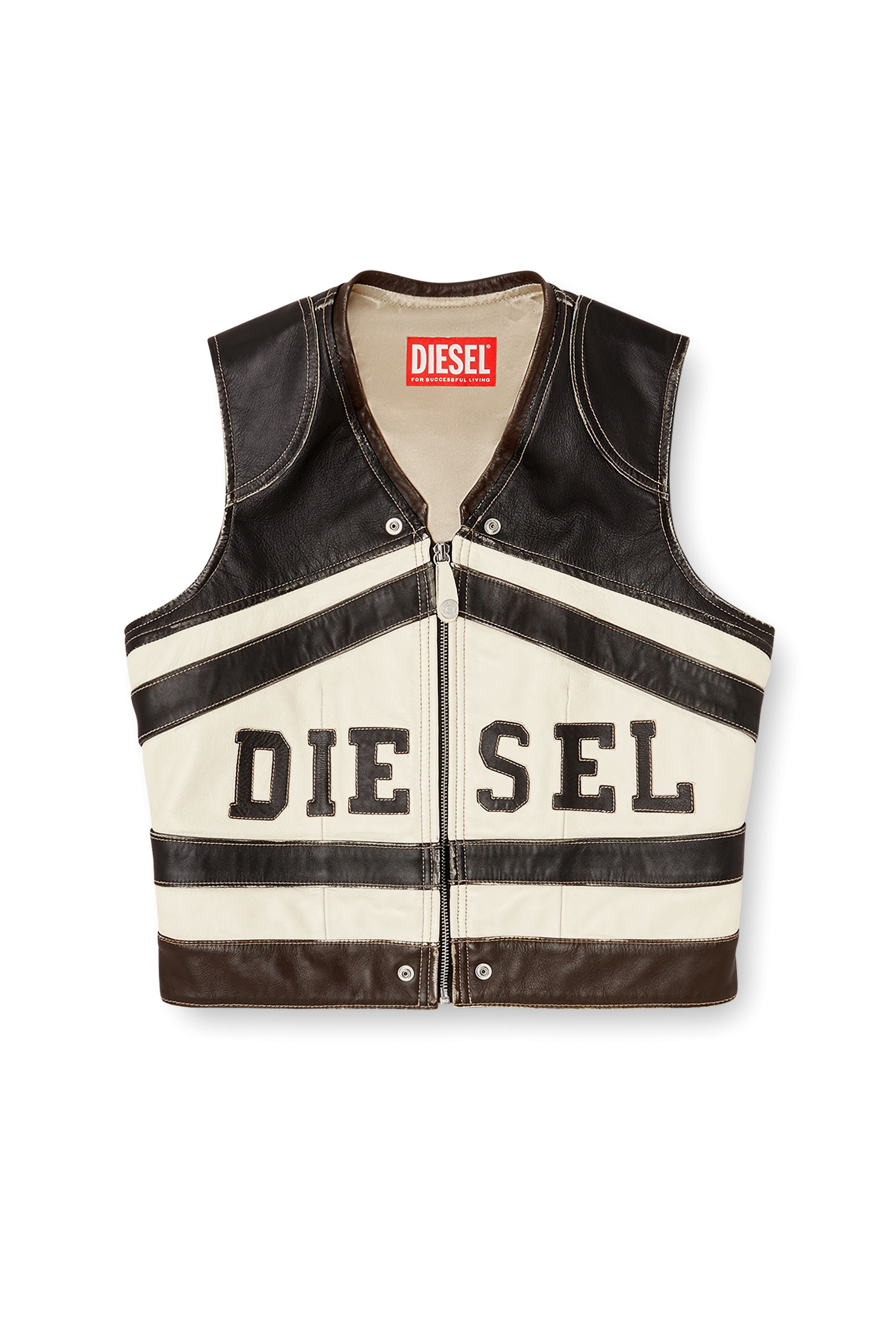 Diesel - L-FLYCOU-20TH, Gilet en cuir avec logo sur le devant et bandes contrastées Femme in Polychrome - 3