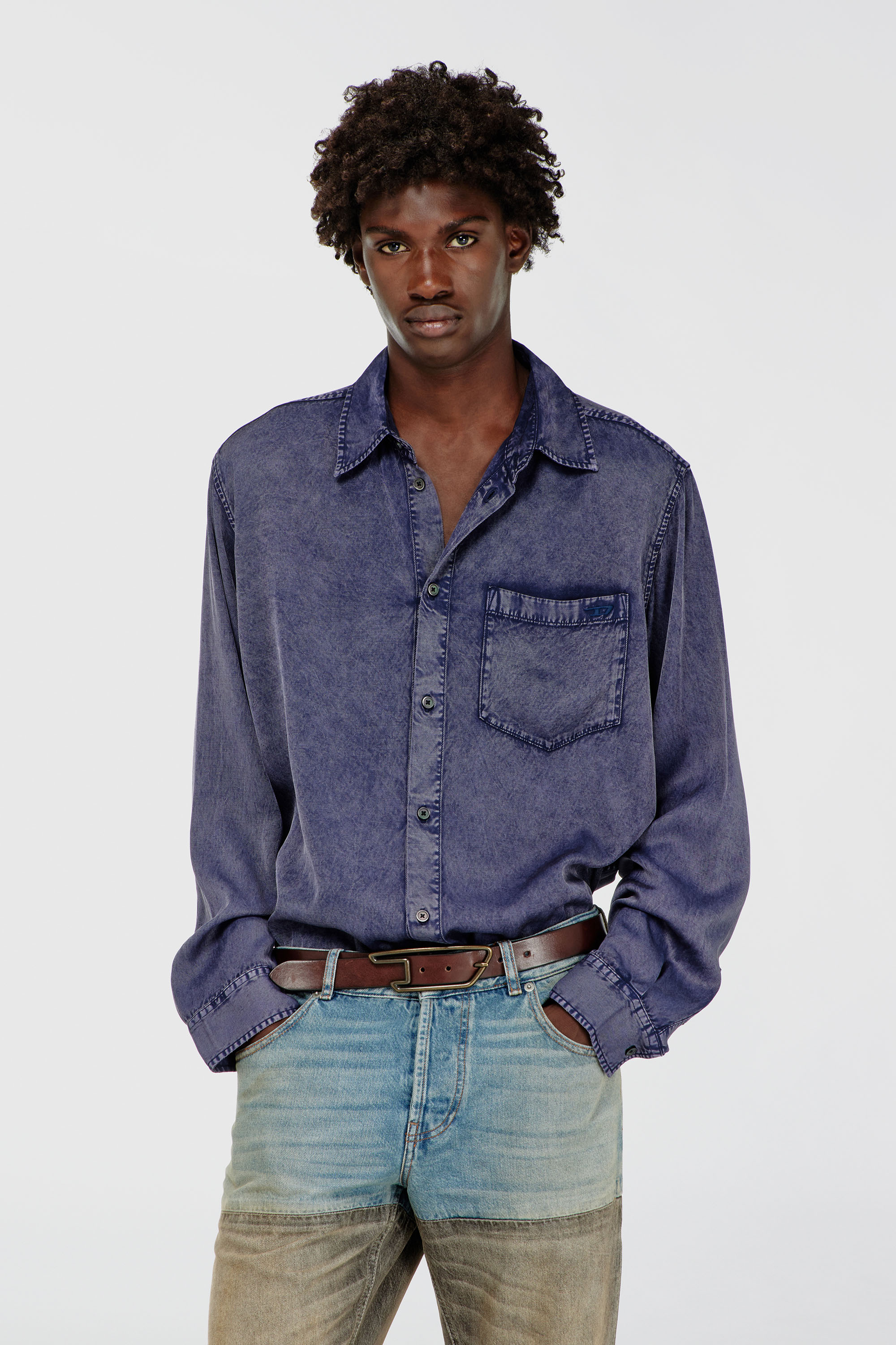 Diesel - S-SIMPLY-NIBC, Chemise fluide en viscose effet denim Homme in Bleu - 1