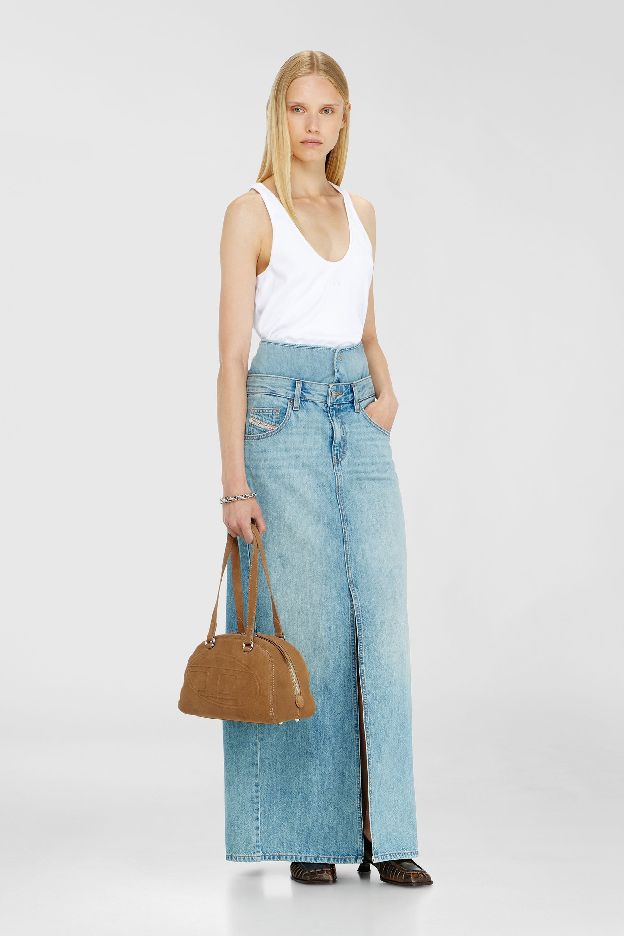 Diesel - DE-SPIVEY, Jupe longue en denim effet jean avec fentes Femme in Bleu - 1