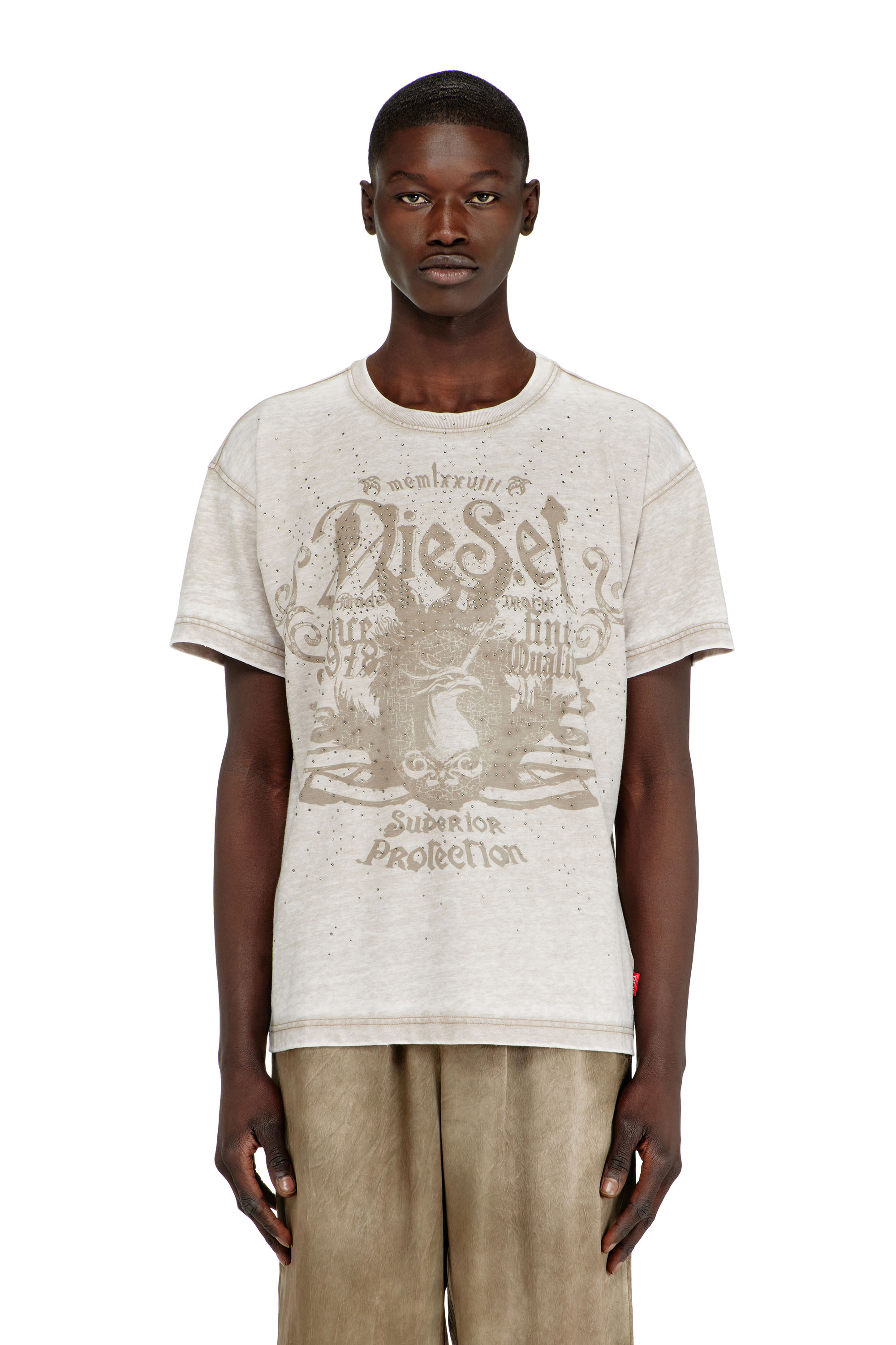 Diesel - T-NORM-AA8, Man's Jersey T-shirt with burnout wash and studs in Beige - 3