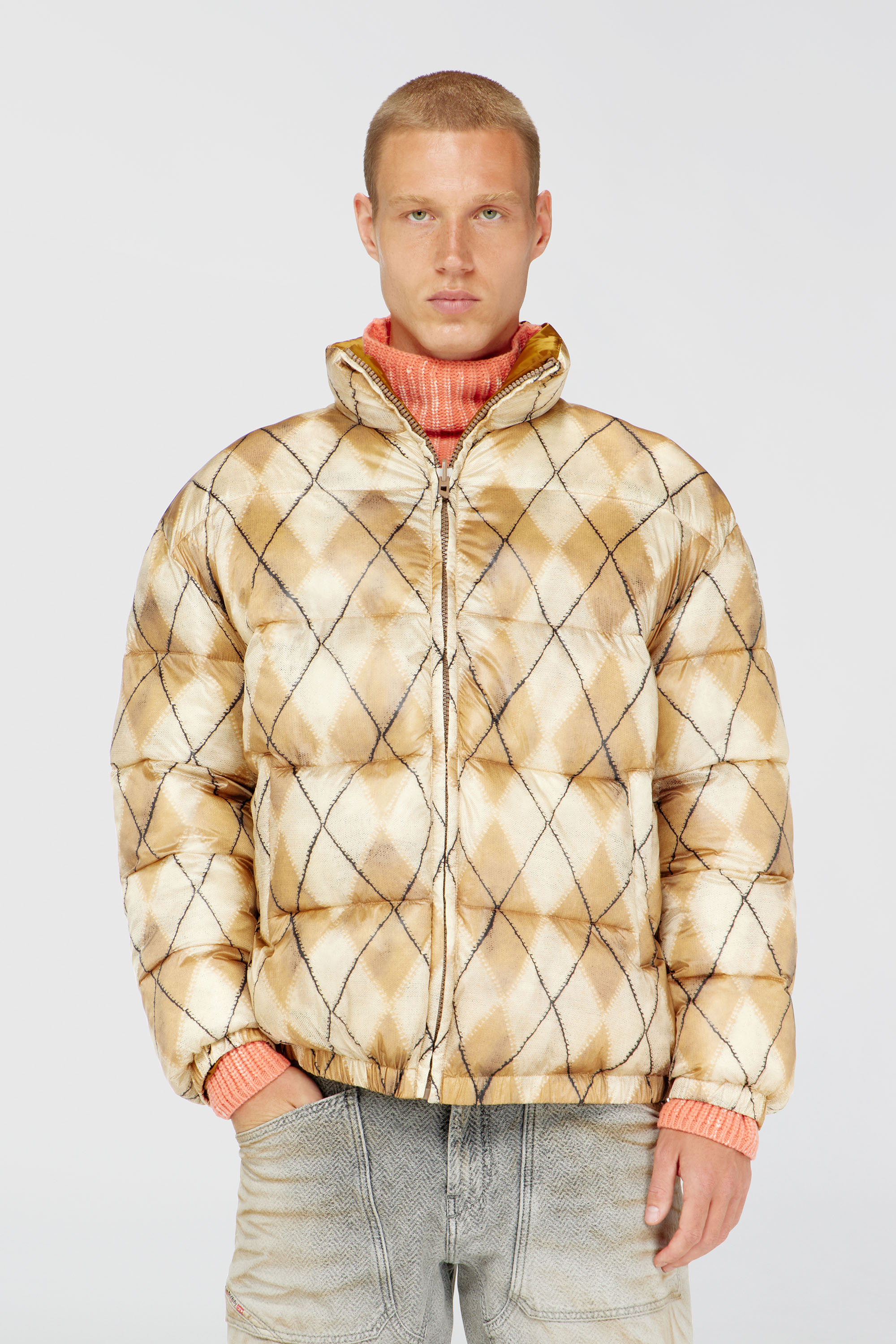 Diesel - W-BOURB-DLCK, Man's Reversible puffer jacket with argyle print in Beige/Brown - 1