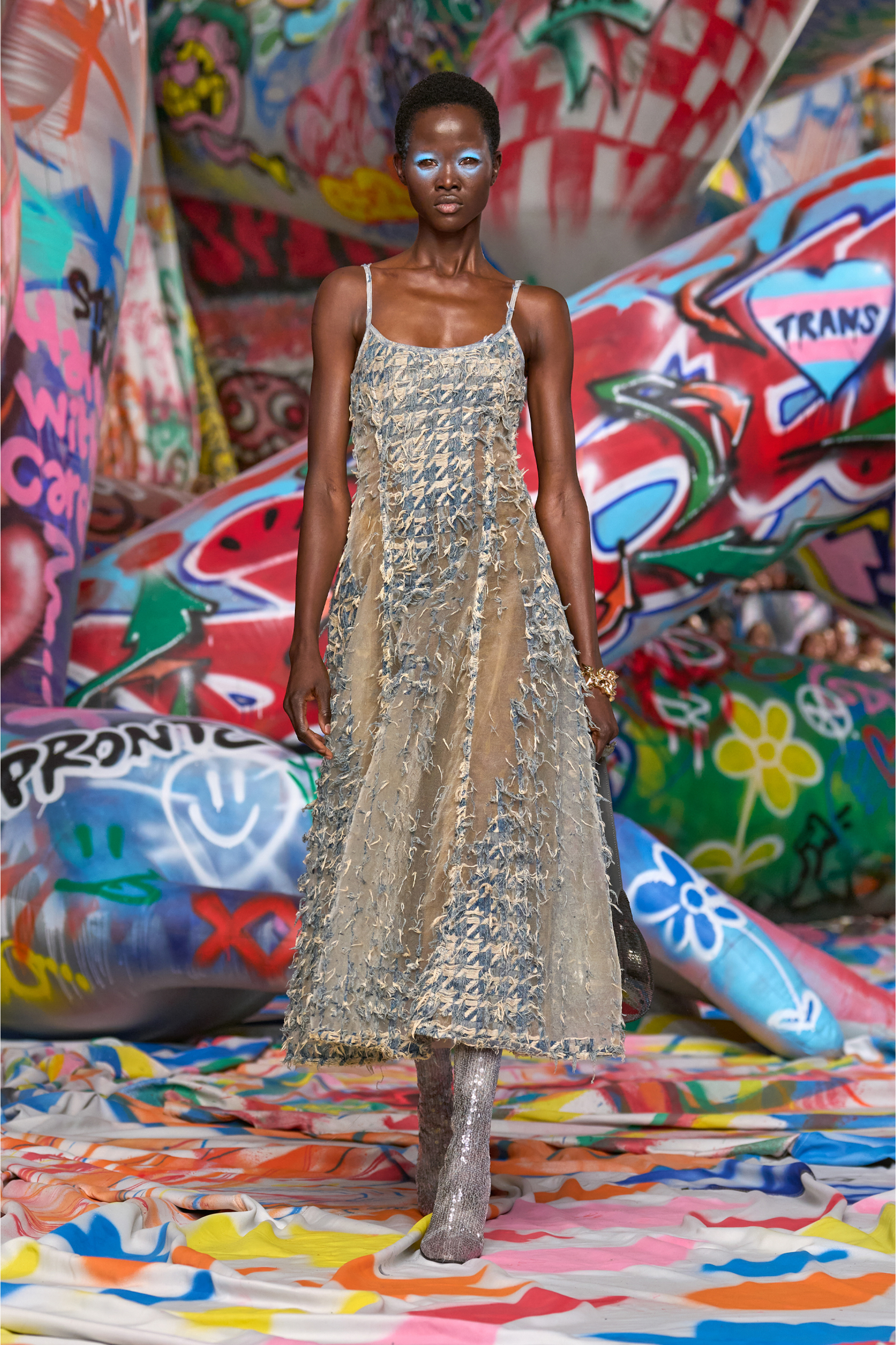 Diesel - DE-SWEENEY-LONG-FSH, Jupe longue en denim motif pied-de-poule dévoré Femme in Bleu - 6