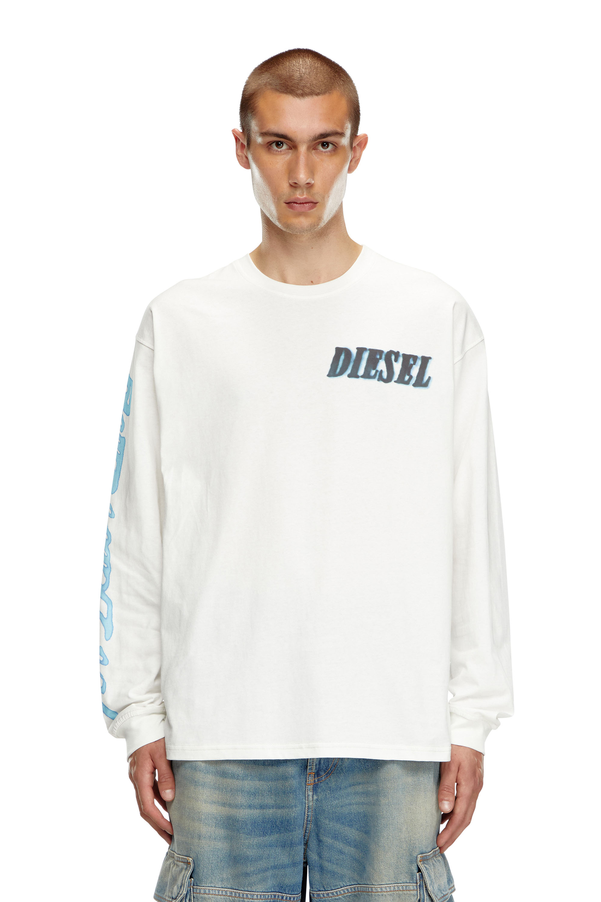 Diesel - T-BOXT-LS-Q15, T-shirt à manches longues avec logos imprimés Homme in Blanc - 1