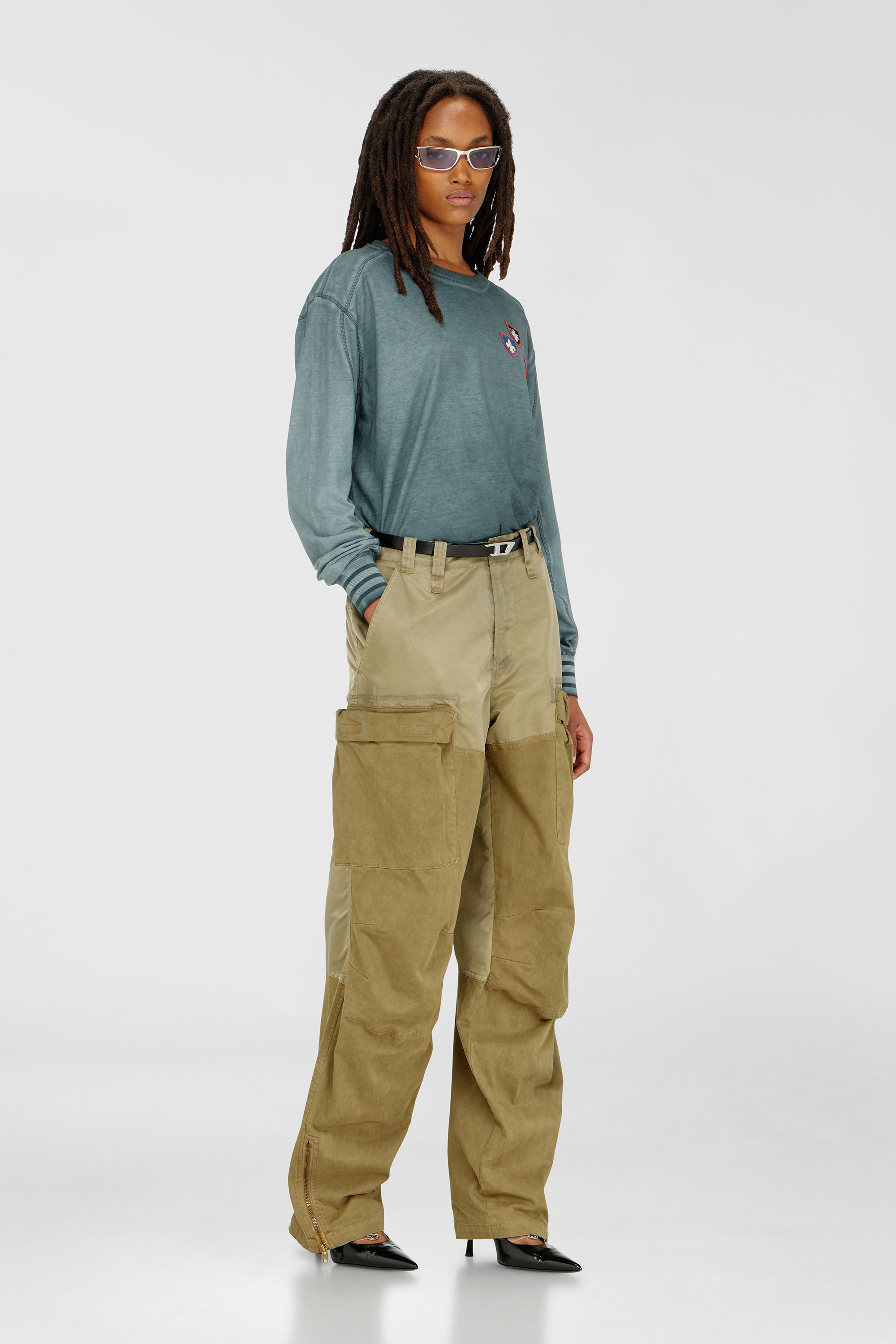 Diesel - T-BAWYE-LS, T-shirt avec patchs et empi&egrave;cements micro-waffle Femme in Vert - 2