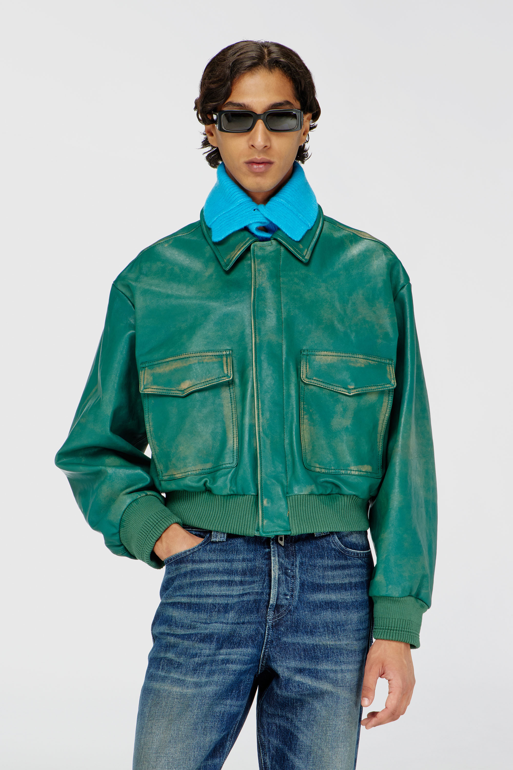 Diesel - L-UMAN, Man's Aviator jacket in treated leather in Dark Green - 1
