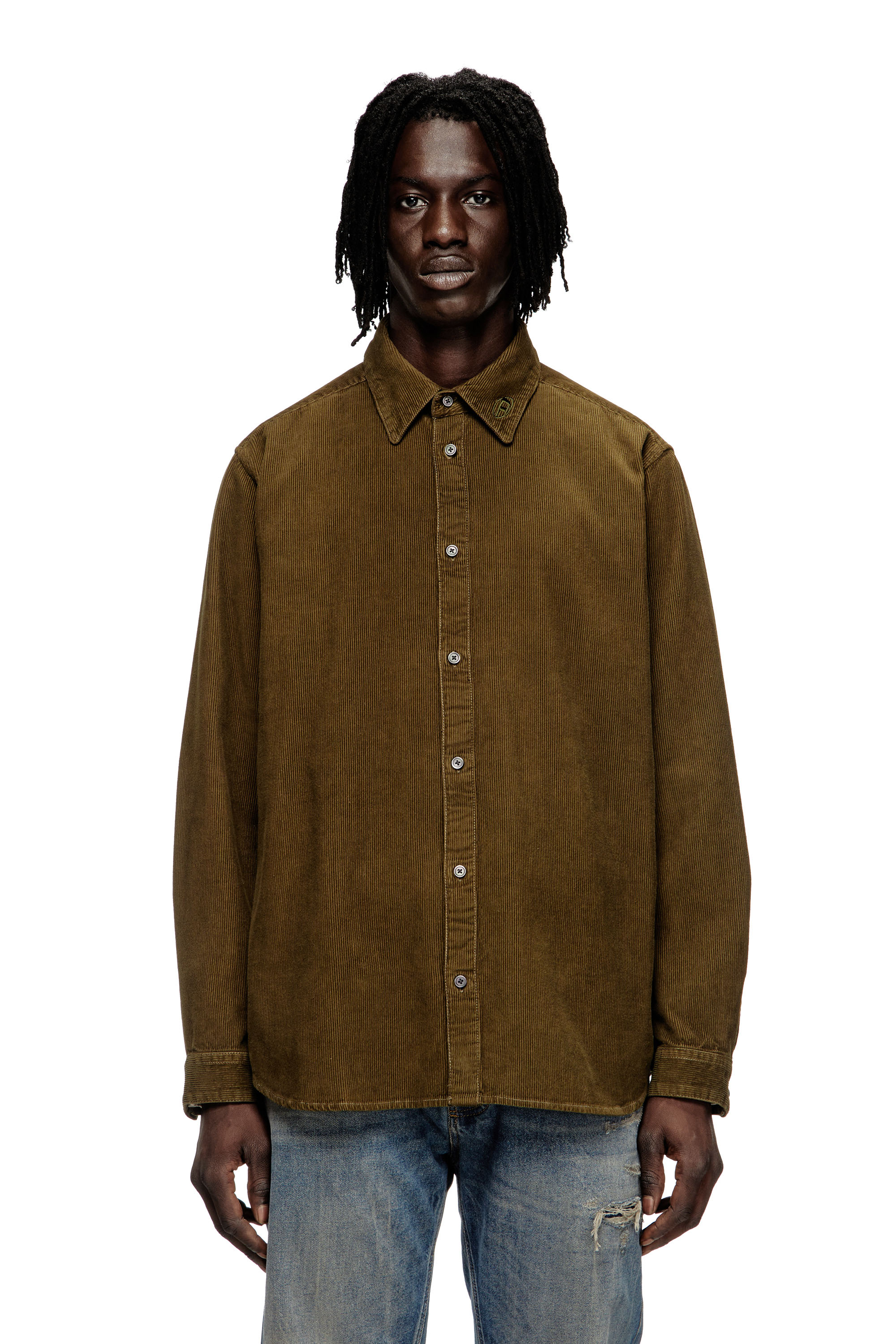 Diesel - S-SIMPLY-AJFQ, Chemise en coton avec broderie sur le col. Homme in Vert - 3