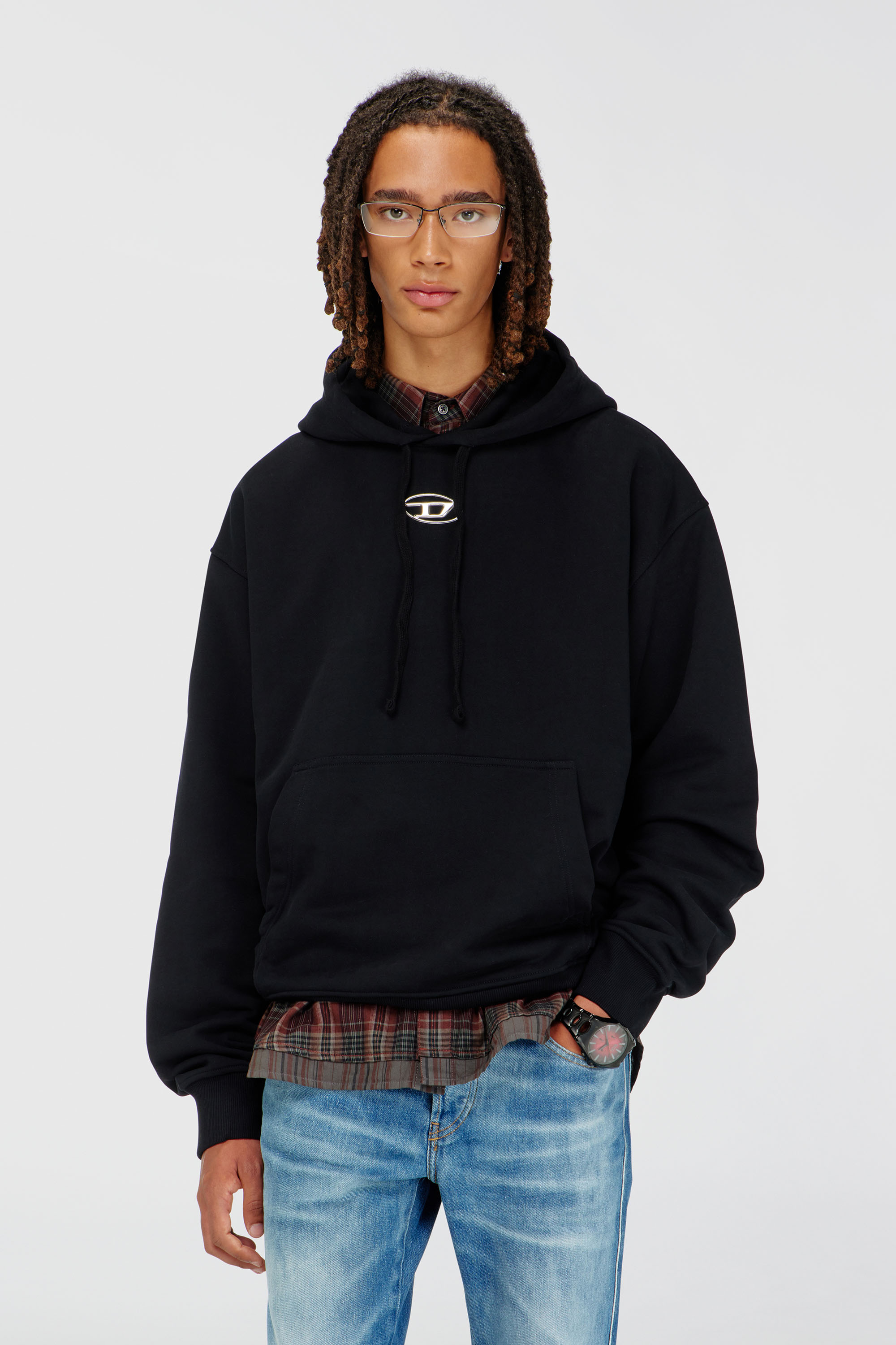 Diesel - S-MACS-HOOD-OD, Sweat-shirt &agrave; capuche oversize avec logo m&eacute;tallis&eacute; Homme in Noir - 1