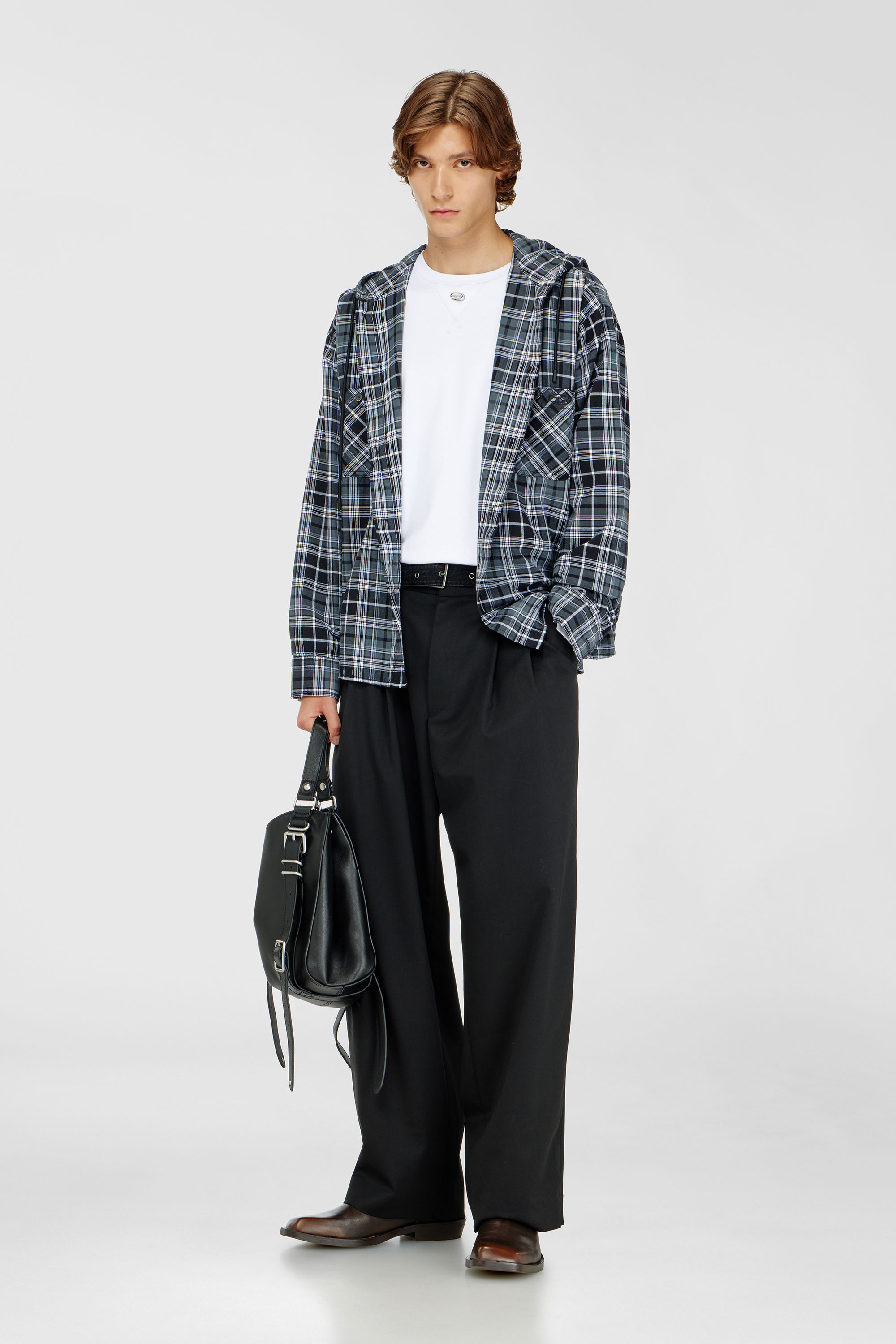 Diesel - S-DRUM-HOODY-DGBT, Man's Hooded shirt in check flannel in Black/White - 2