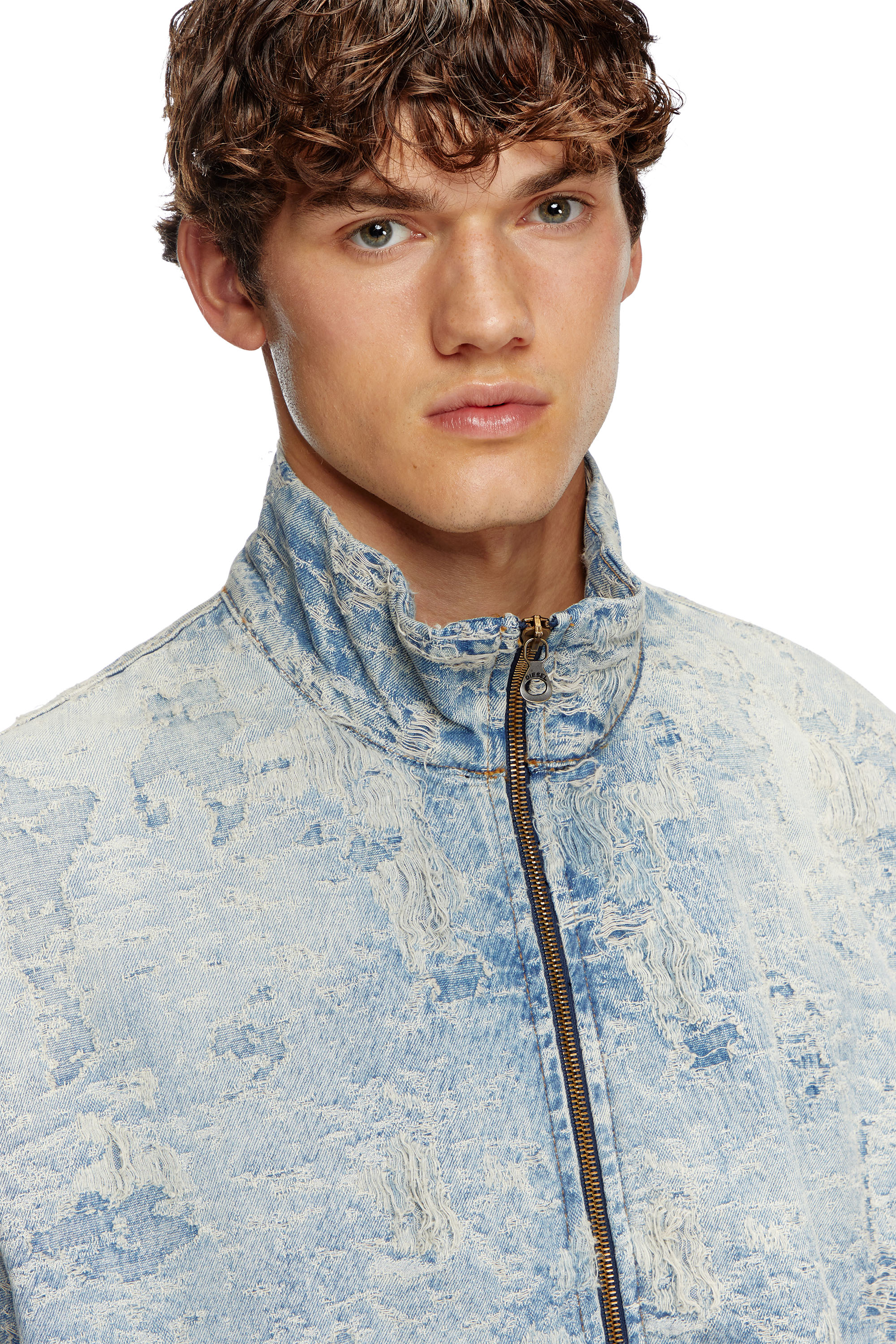 Diesel - D-KRAP-FSF, Veste zippée en denim jacquard effet sali Mixte in Bleu - 3